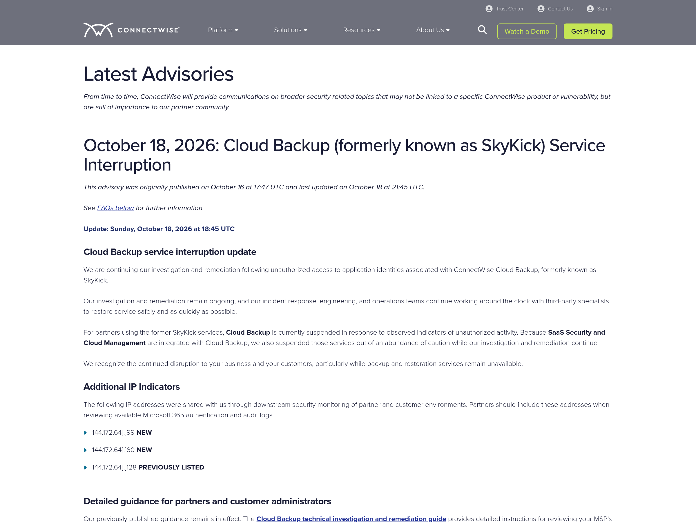 Capture of ConnectWise's trust advisories page showing the Cloud Backup service interruption notice