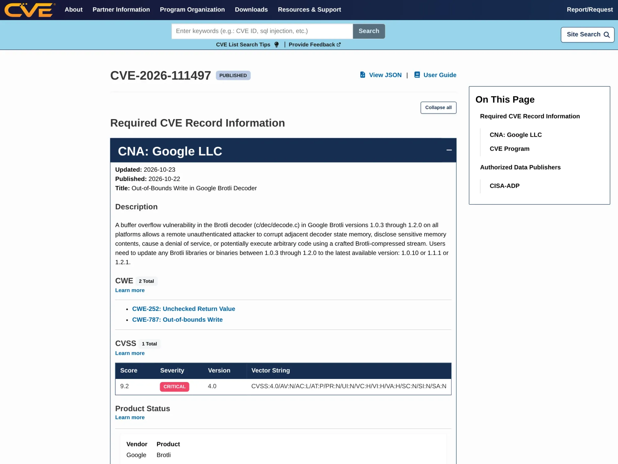 CVE-2026-111497 record naming Google as CNA for Brotli. cve.org/CVERecord/CVE-2026-111497