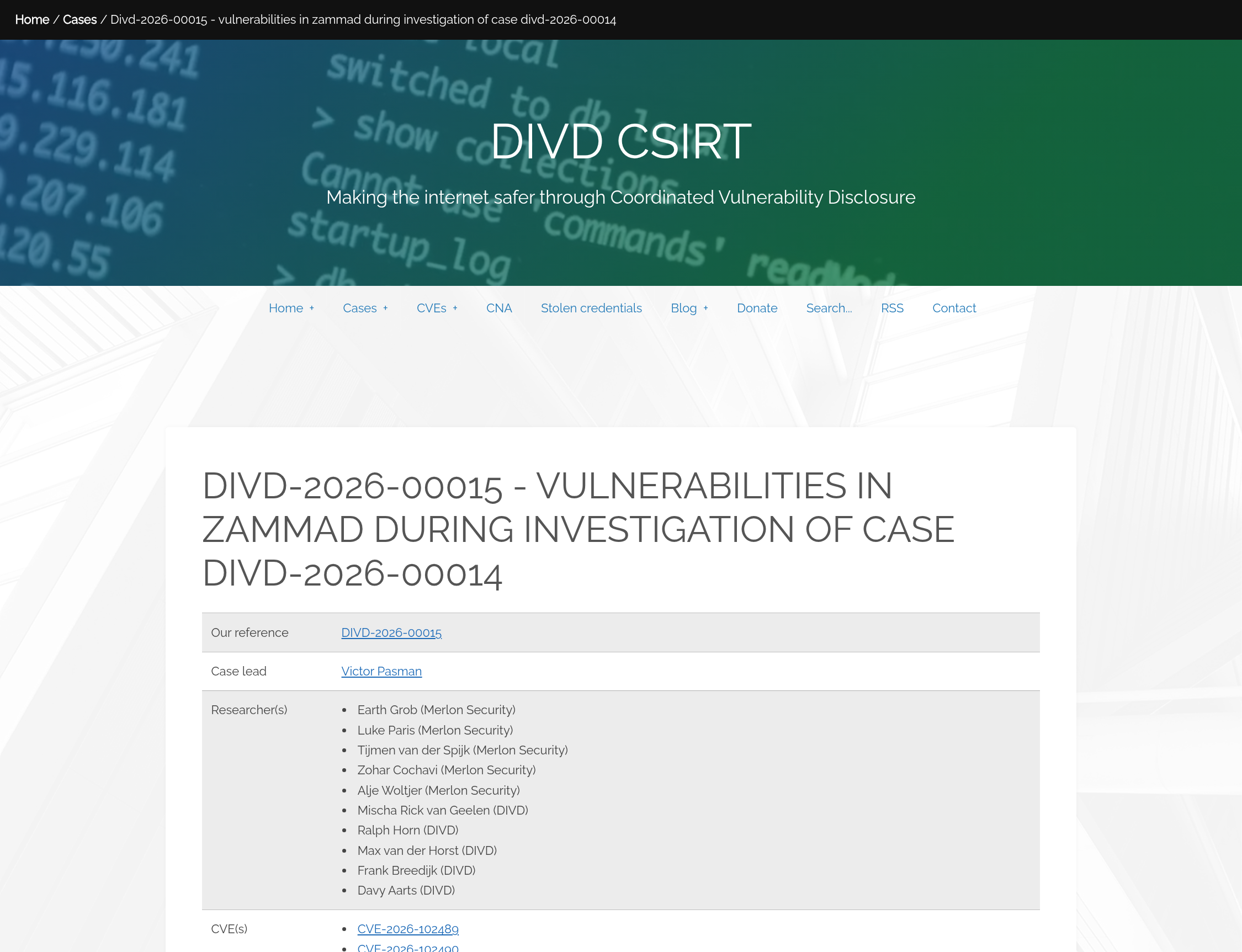 Screenshot of the official DIVD CSIRT casefile page for DIVD-2026-00015, showing the two CVE identifiers, the affected Zammad version ranges and the disclosure timeline.