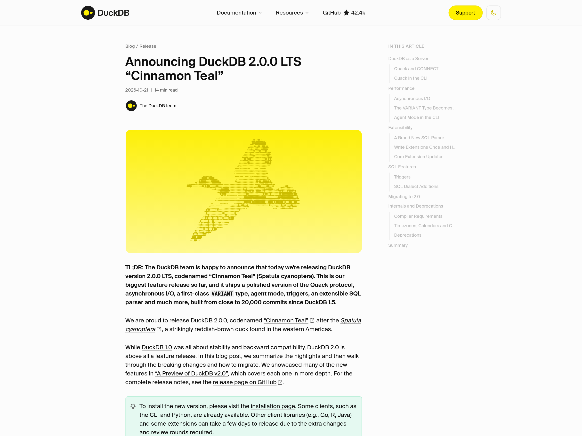 Capture of the DuckDB 2.0.0 LTS announcement on duckdb.org, retrieved 2026-10-21, showing the feature summary