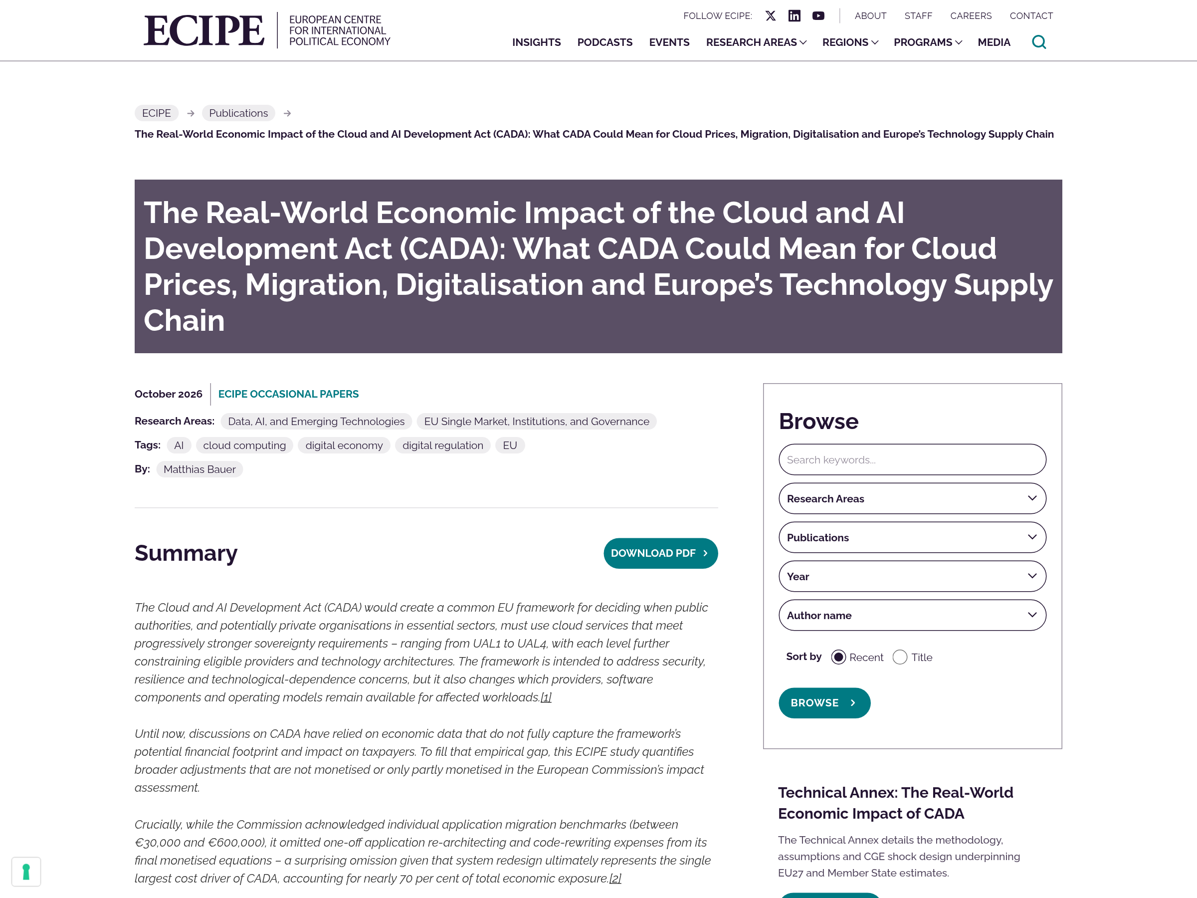 Capture of the ECIPE publication page for Occasional Paper No. 08/2026, showing the study title, author and summary of the Cloud and AI Development Act cost analysis.