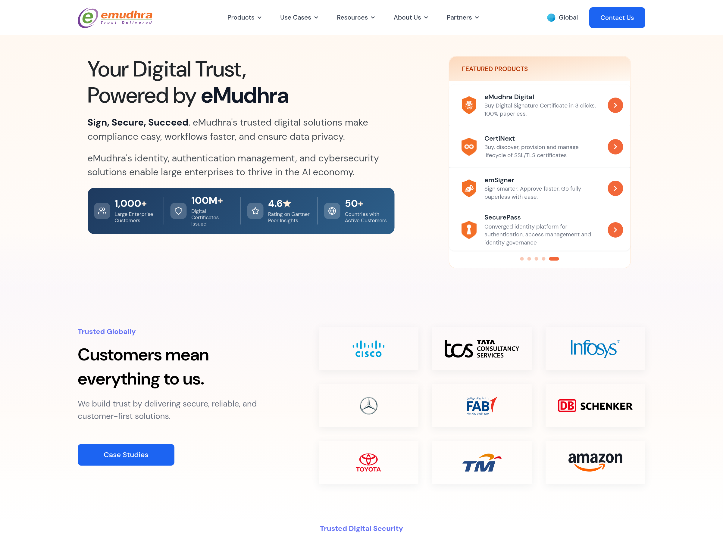 Capture of eMudhra's public homepage at emudhra.com, identifying the company and its emSign certificate product line