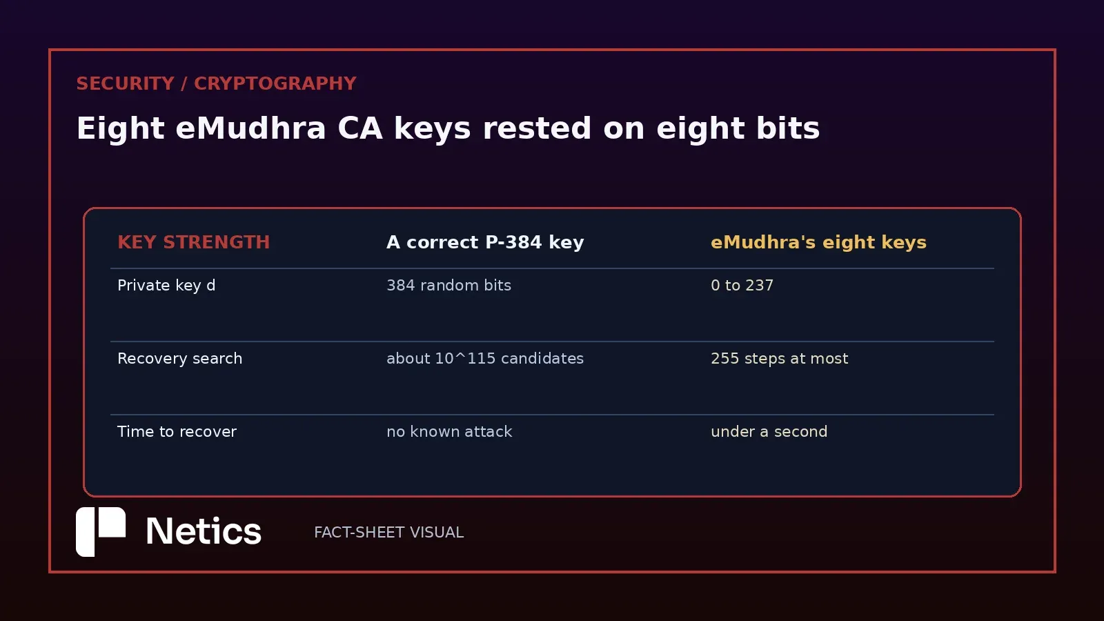 Netics diagram comparing a correct P-384 private key with the eight eMudhra keys, showing a 384-bit random value against values between 0 and 237 and a recovery search of 255 steps
