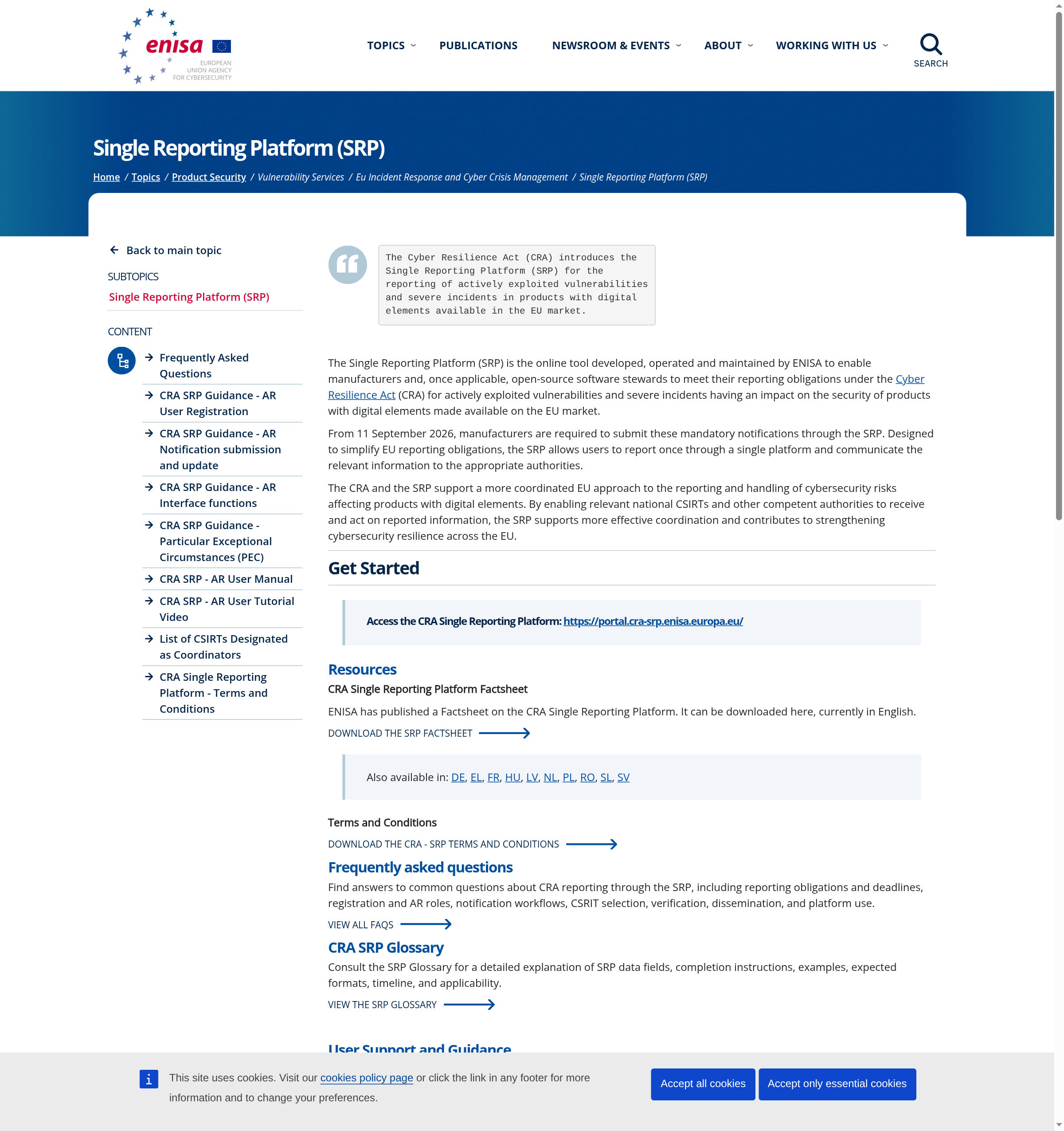 Screenshot of ENISA's official Single Reporting Platform page, showing the platform opened on 11 September 2026 for mandatory notifications under the Cyber Resilience Act.