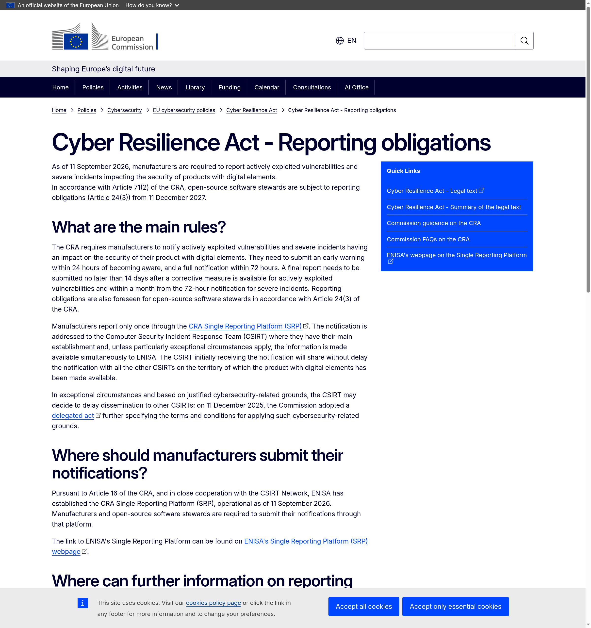 Screenshot of the European Commission's official Cyber Resilience Act reporting obligations page, showing the 11 September 2026 start date, the 24-hour and 72-hour deadlines and the Single Reporting Platform requirement.