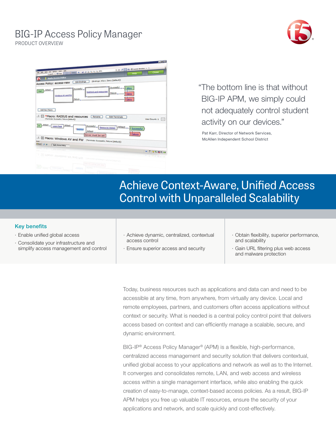 Capture of page one of F5's official BIG-IP Access Policy Manager product overview document.