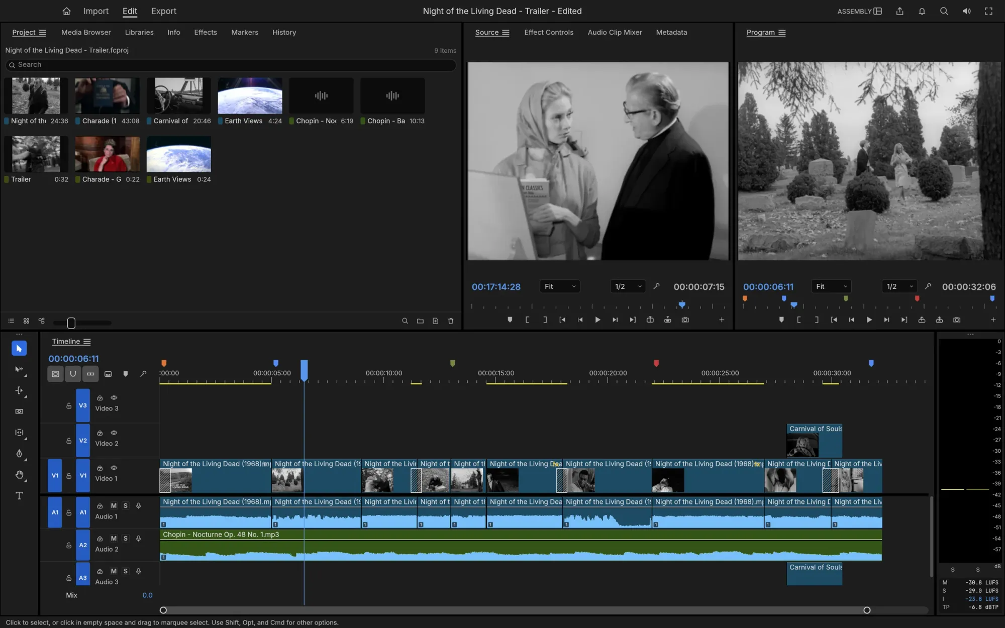 Official FilmCraft screenshot showing the Assembly workspace with source and program monitors, film bins, a multi-track video timeline, music track and markers.