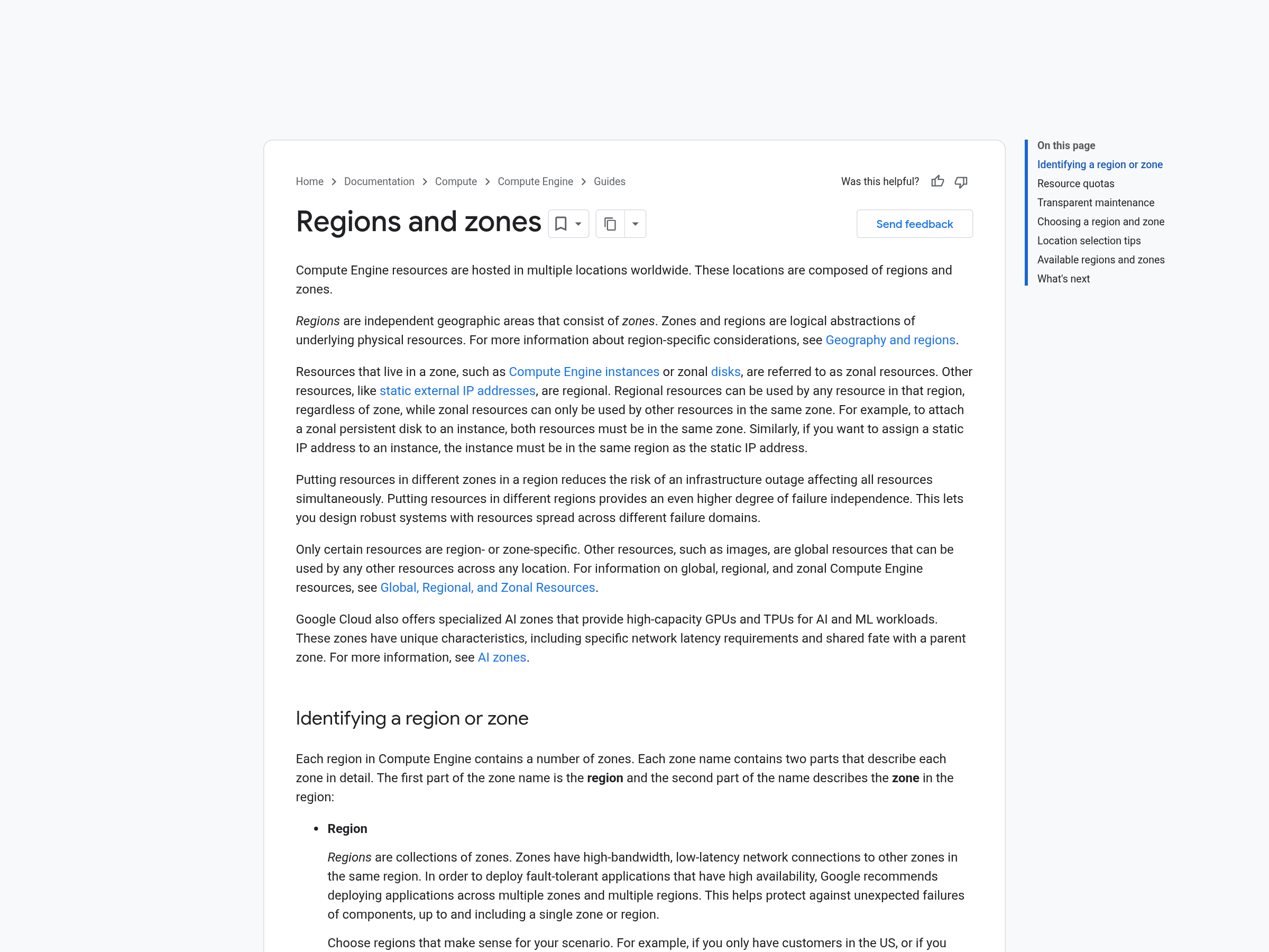Capture of Google Cloud's Regions and zones documentation showing how zones sit inside a region