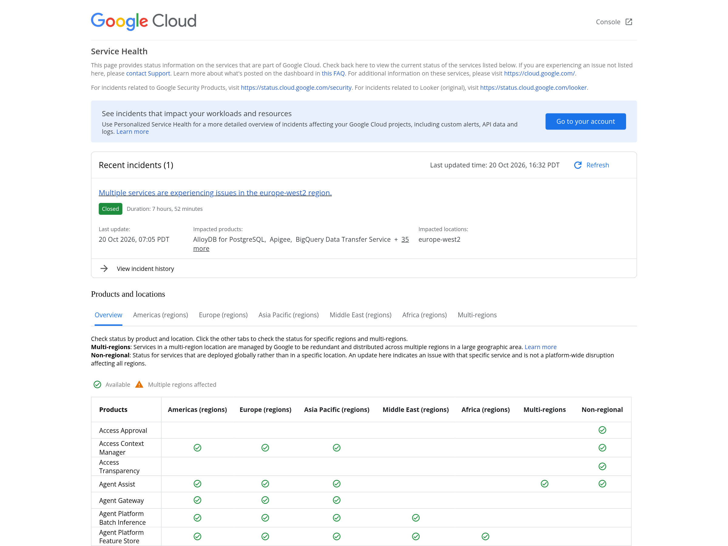 Capture of Google Cloud's Service health dashboard showing the europe-west2 incident and the affected product list