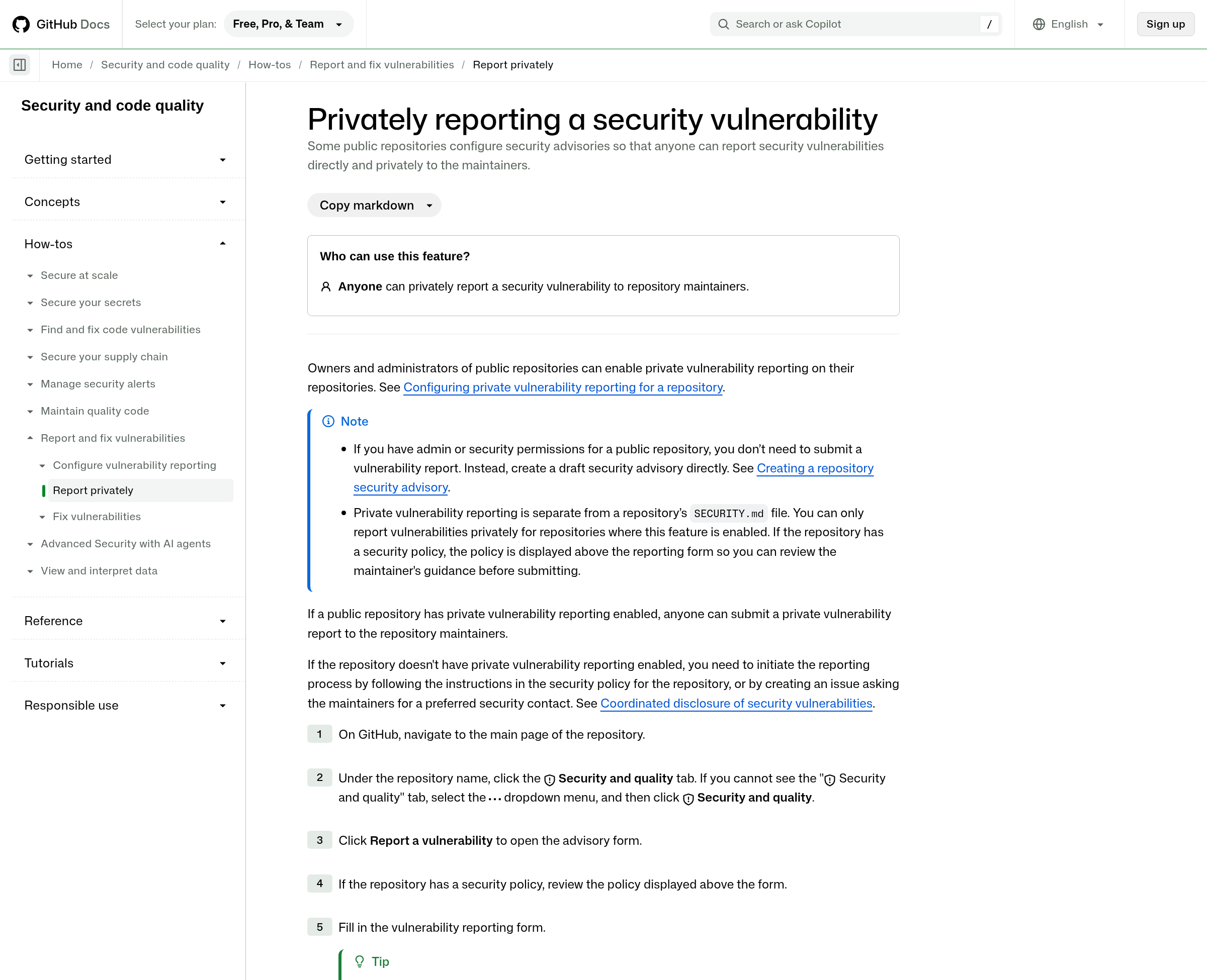 Screenshot of GitHub's official documentation on privately reporting a security vulnerability, the channel curl moved its reports to when it ended its bug bounty.