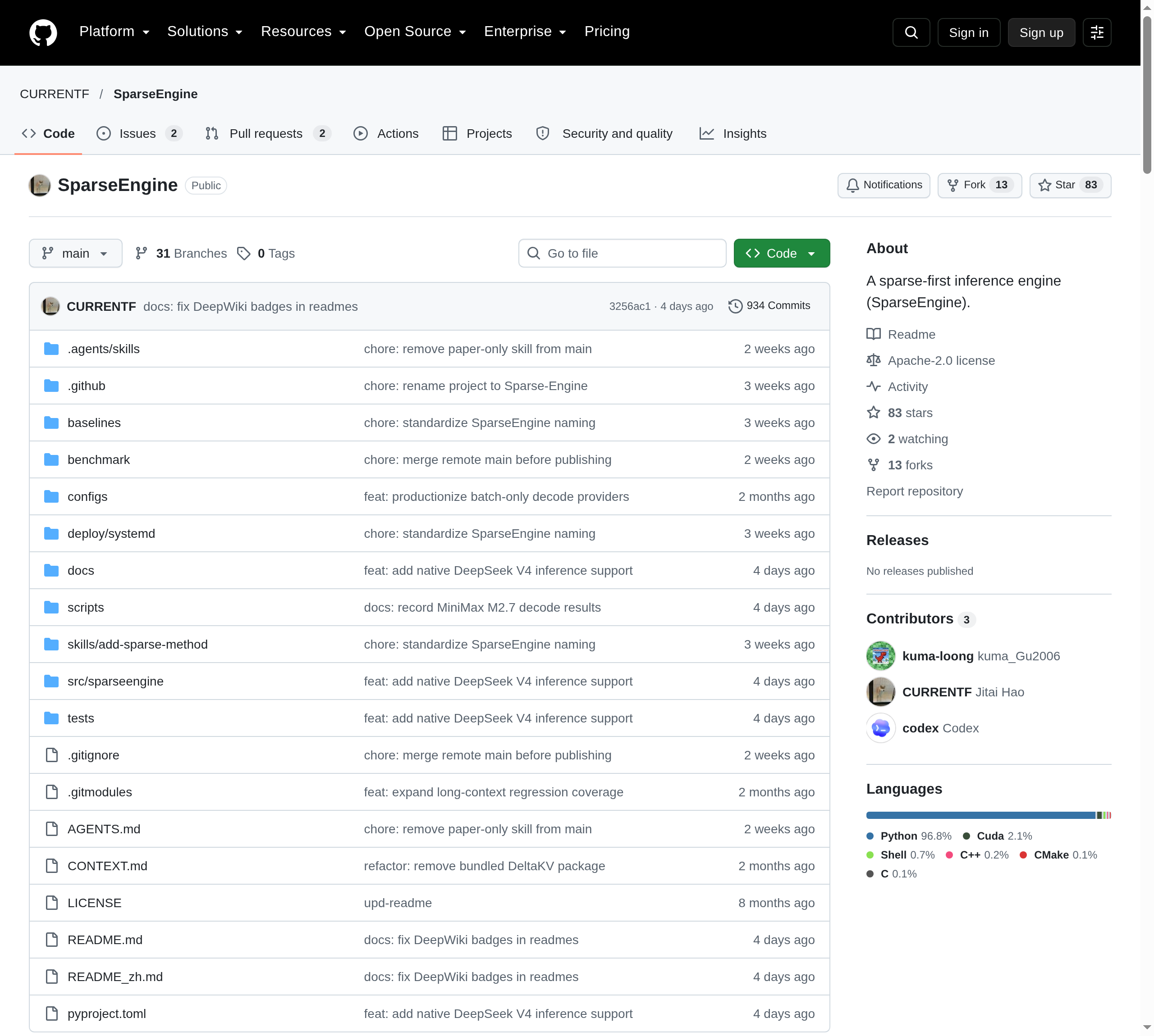 Capture of the CURRENTF/SparseEngine repository page on GitHub, showing the repository name, description, Apache-2.0 licence, Python language share, 83 stars, 13 forks and the file listing.