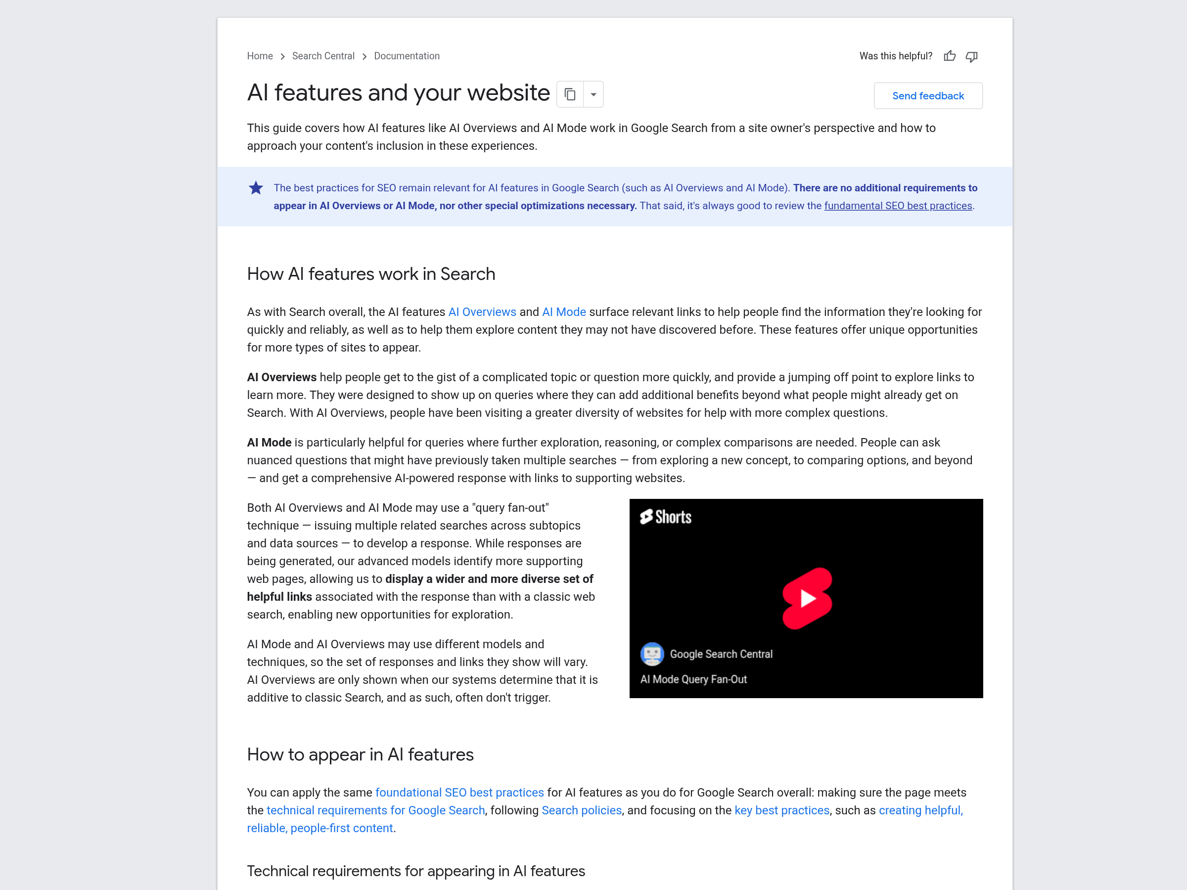 Google's AI features and your website documentation page with its technical requirements and SEO best practices — developers.google.com/search/docs/appearance/ai-features