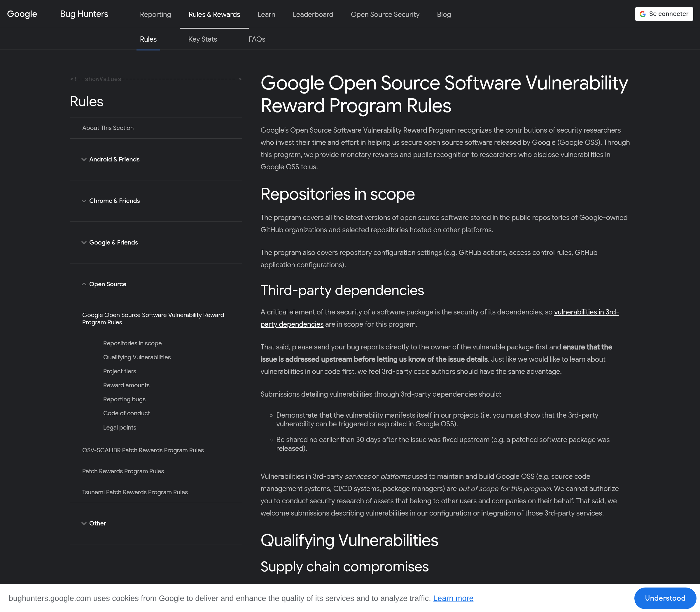 Screenshot of Google's official OSS VRP rules page on the Bug Hunters site, showing the programme description, the scope of product vulnerability submissions and the guidance on reporting.