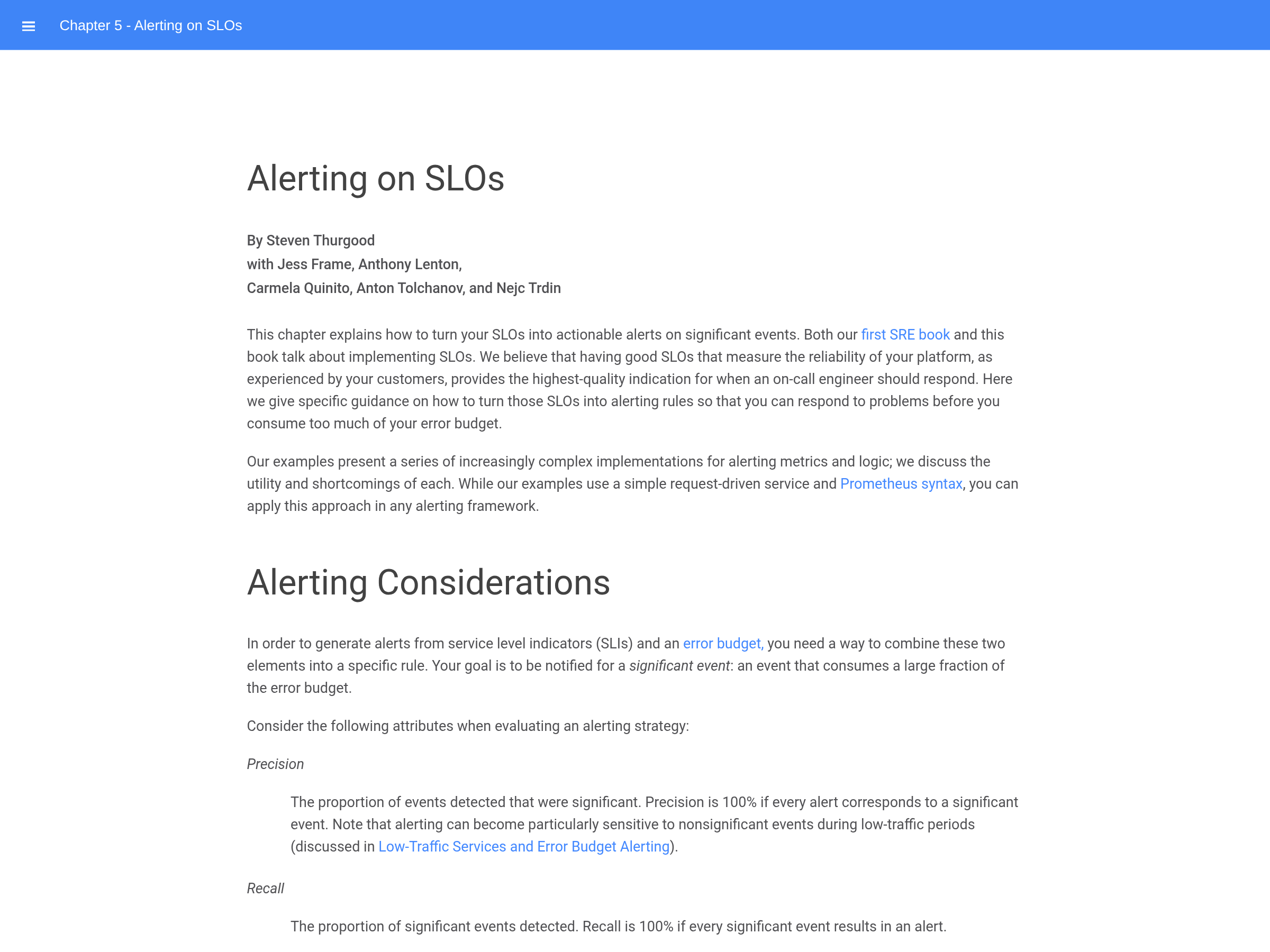 Capture of the official Google SRE Workbook chapter Alerting on SLOs, showing the introduction, alerting considerations, precision and recall.