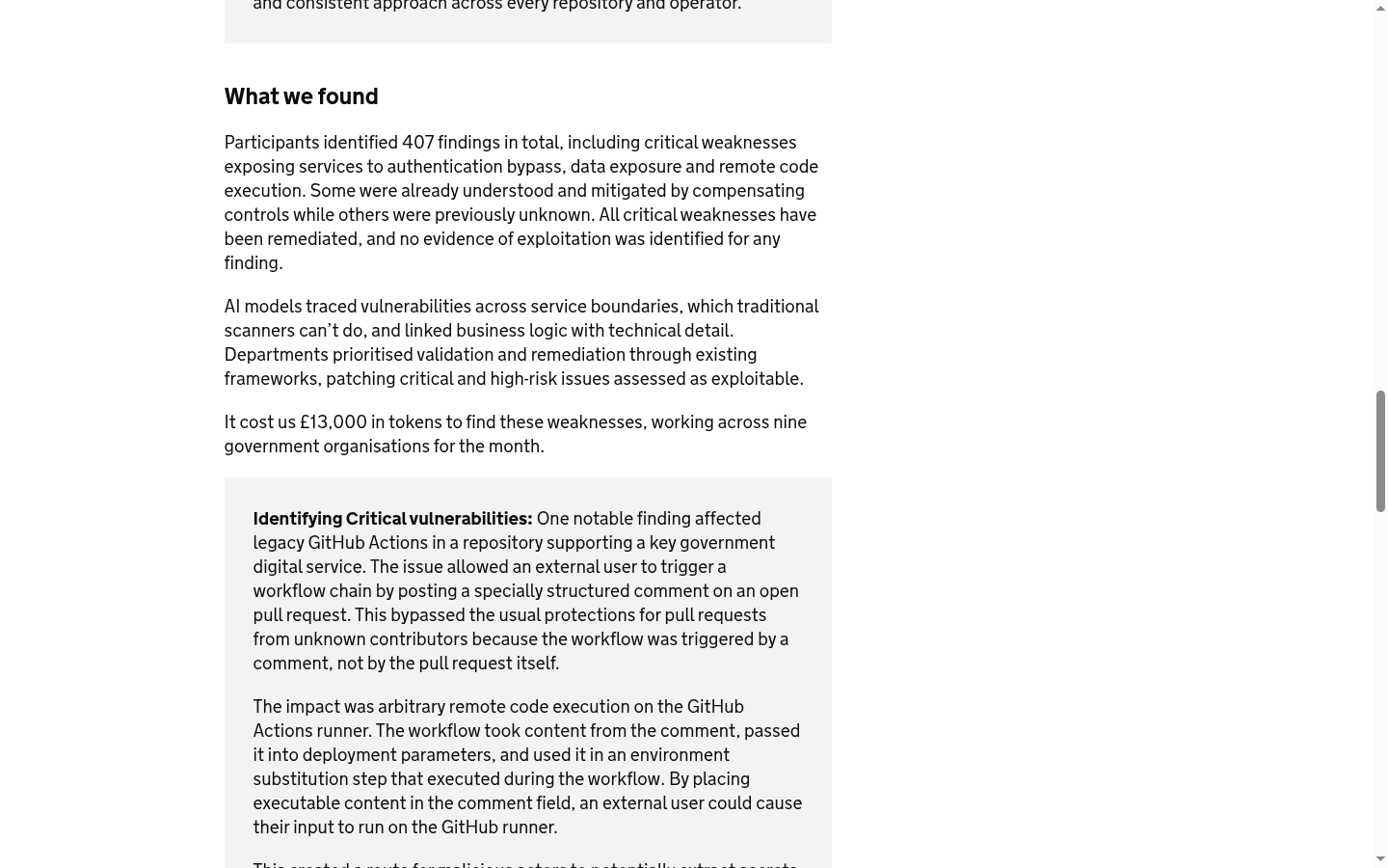 A capture of the official GOV.UK case study page at its findings section, showing the statement that participants identified 407 findings in total, that all critical weaknesses have been remediated, and that it cost £13,000 in tokens to find these weaknesses across nine government organisations for the month.