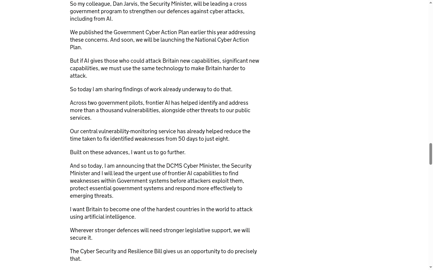 A capture of the published GOV.UK speech page at the paragraph carrying the pilot figures, showing the statement that across two government pilots frontier AI helped identify and address more than a thousand vulnerabilities and that the central vulnerability-monitoring service reduced fix times from 50 days to eight.