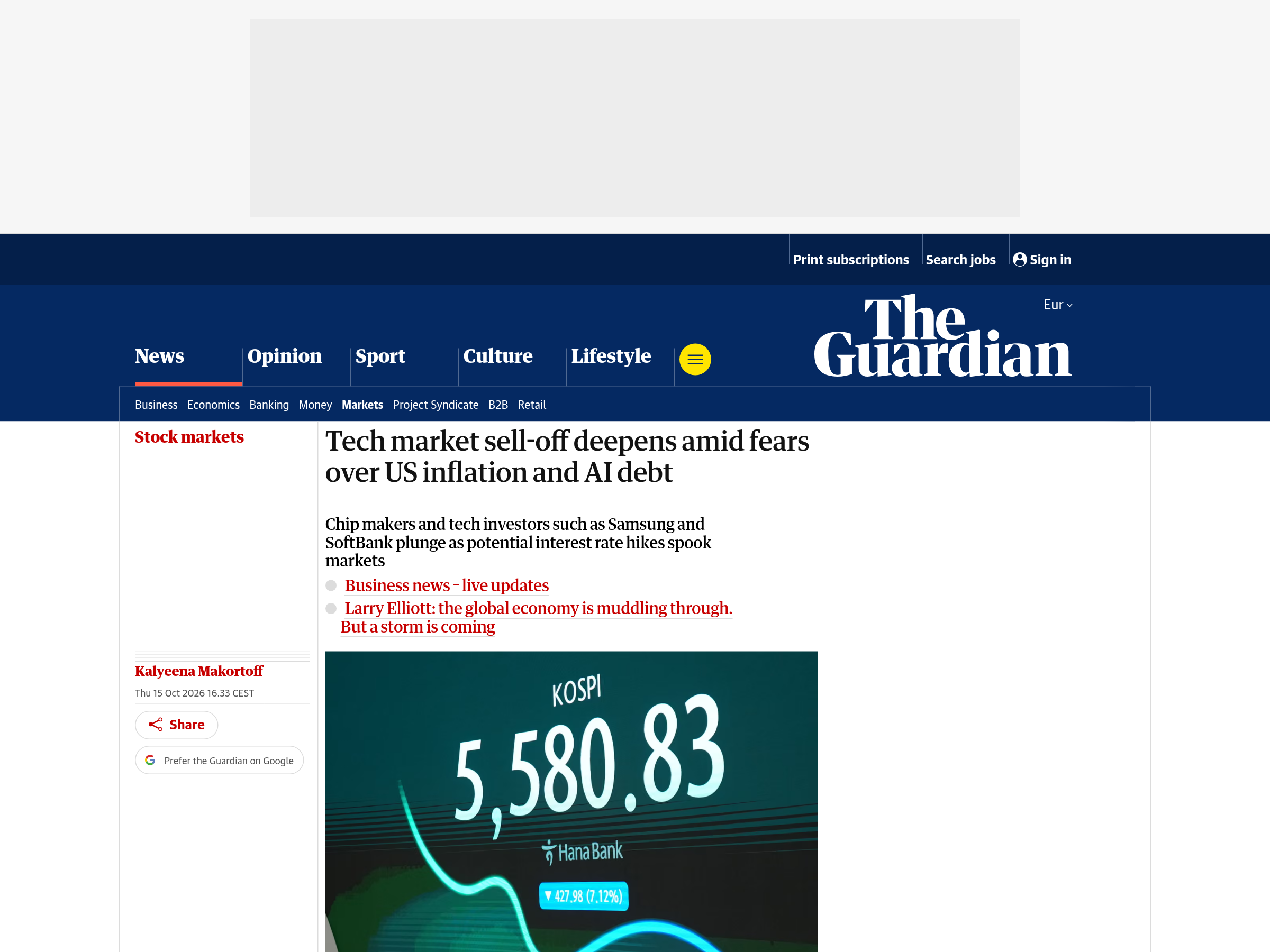 Capture of the Guardian report on the global technology sell-off