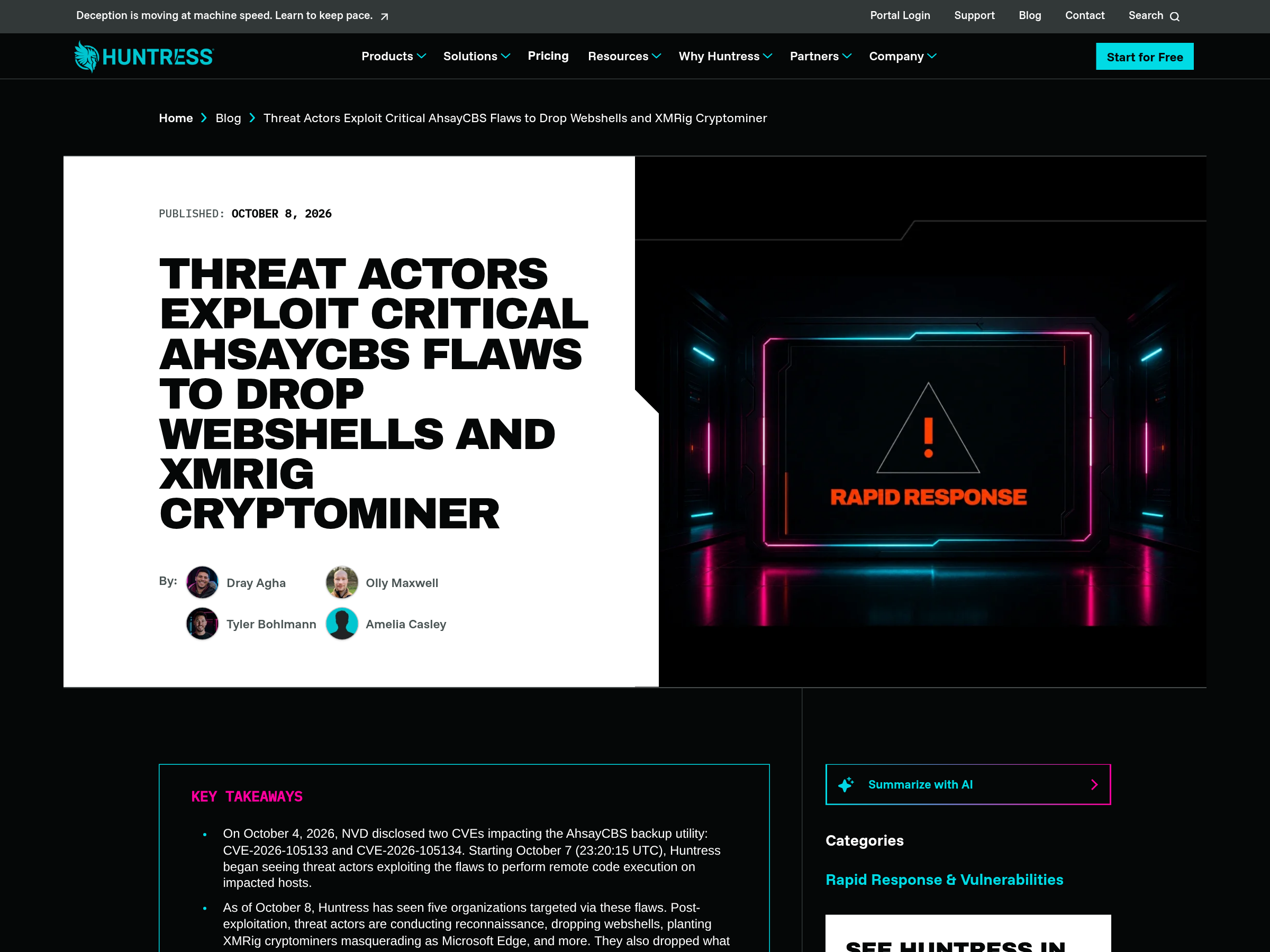 Capture of Huntress's research page on the AhsayCBS campaign