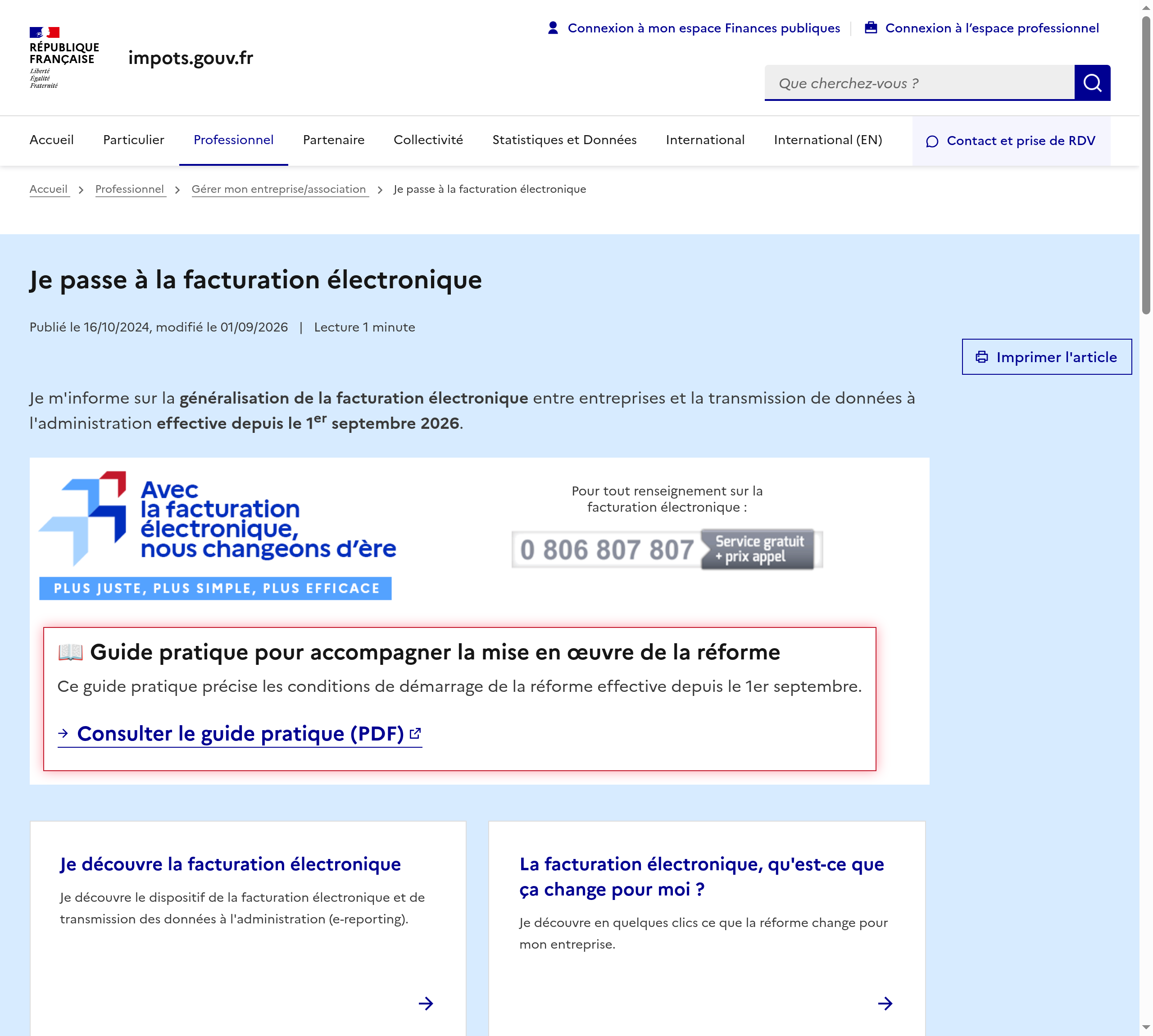 Capture of the impots.gouv.fr page on the 2026 e-invoicing reform, showing the obligation to be able to receive electronic invoices since 1 September 2026 and the approved-platform requirement for issuing.