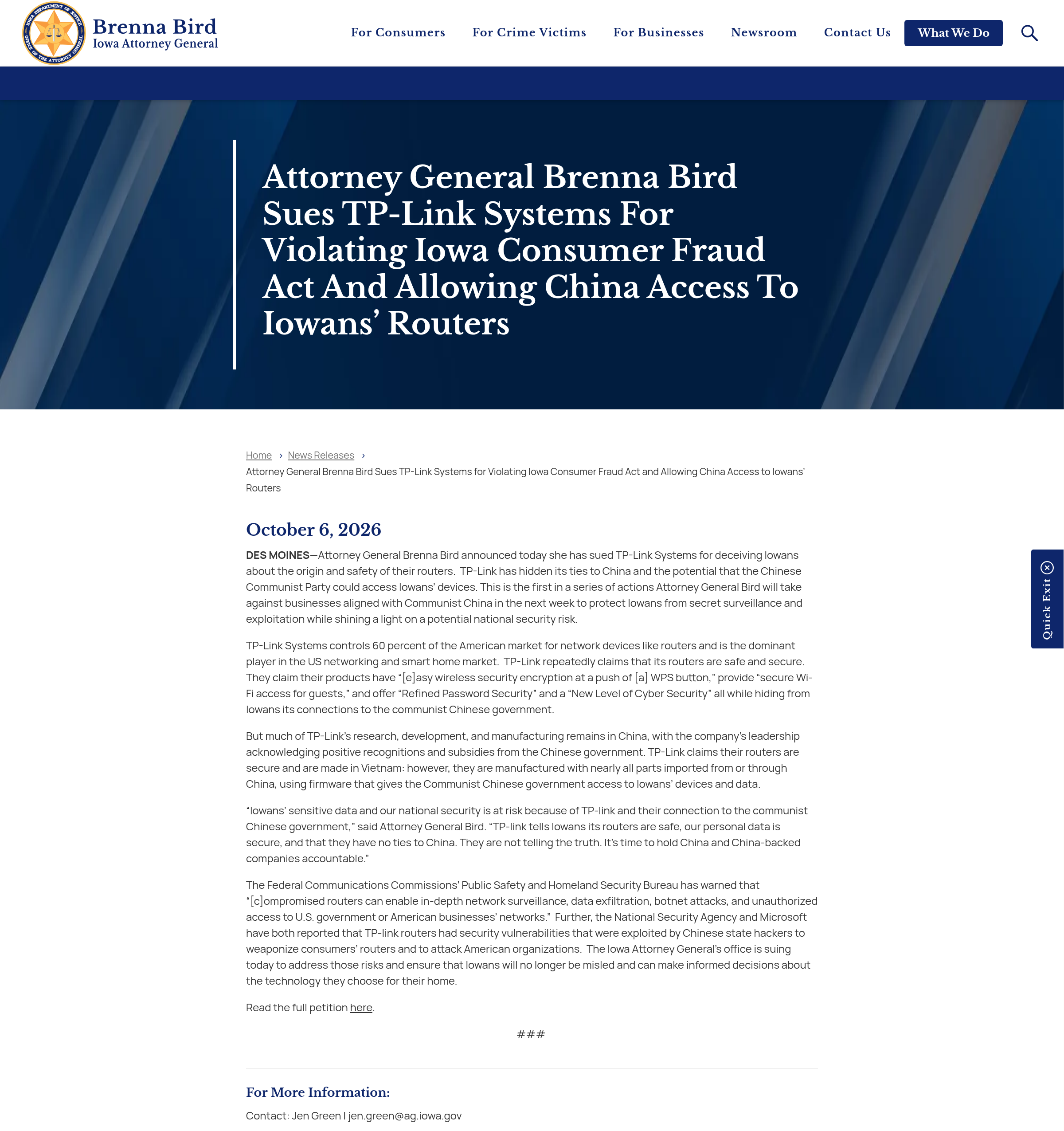 Capture of the Iowa Attorney General's lawsuit announcement against TP-Link Systems, showing the consumer fraud claims and the security warnings cited.