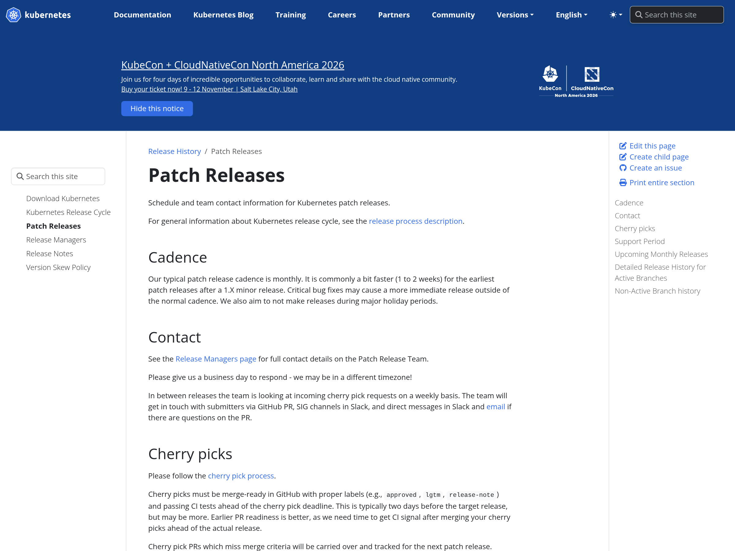 Screenshot of kubernetes.io/releases/patch-releases/ describing the fourteen-month support period