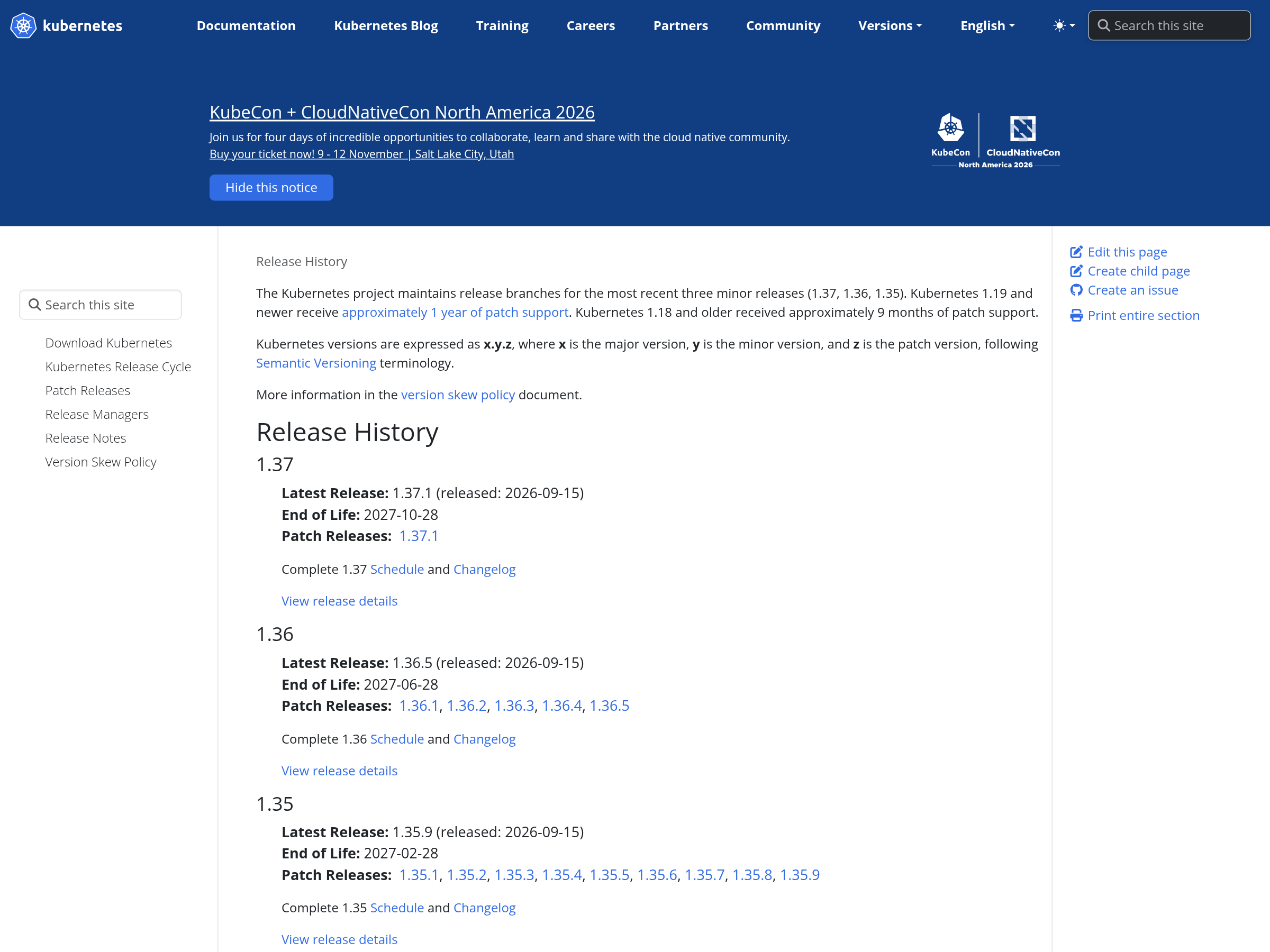 Screenshot of kubernetes.io/releases/ listing each branch with its latest patch and end-of-life date