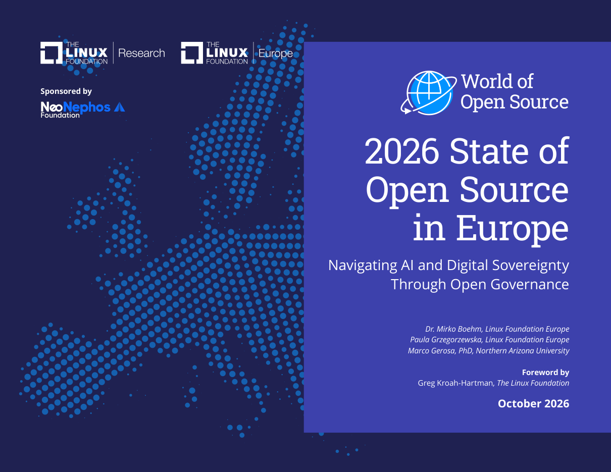 Cover page of the Linux Foundation's official 2026 State of Open Source in Europe report, showing the title, the subtitle on navigating AI and digital sovereignty through open governance, the authors and the October 2026 date.