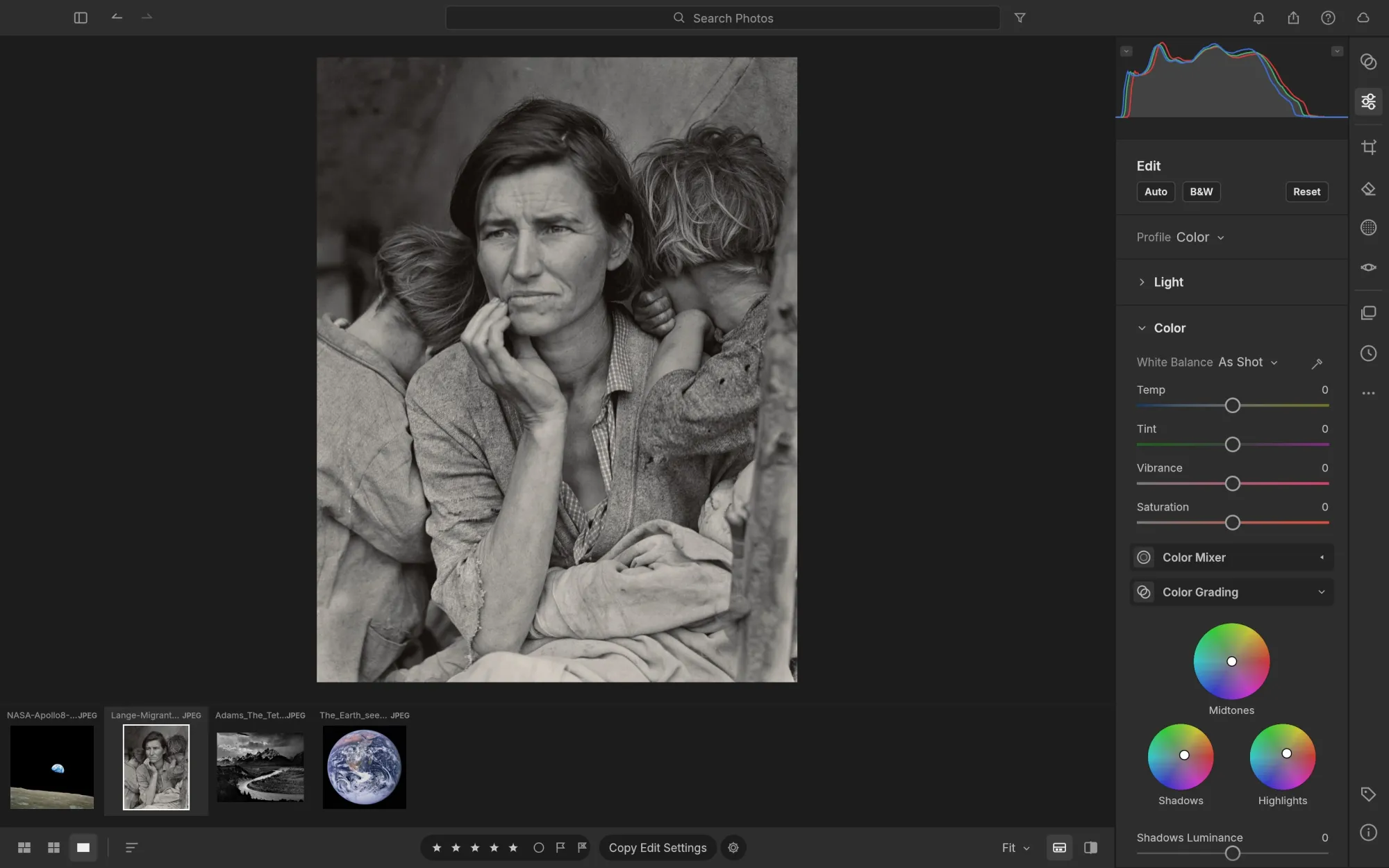 Official LightCraft screenshot showing color-grading wheels beside Dorothea Lange’s Migrant Mother.