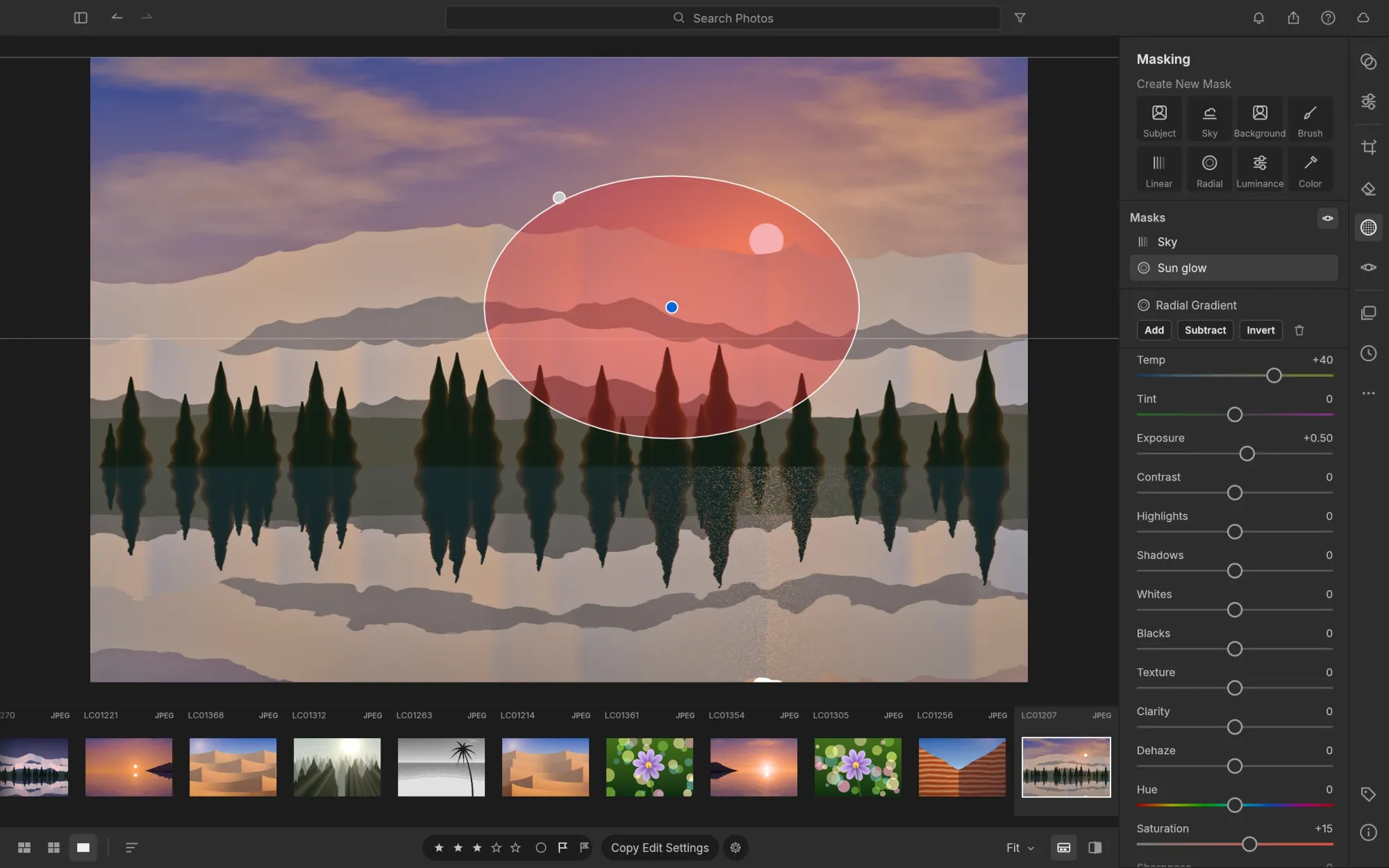 Official LightCraft screenshot showing a radial gradient mask over a sunset illustration, with masking controls open.