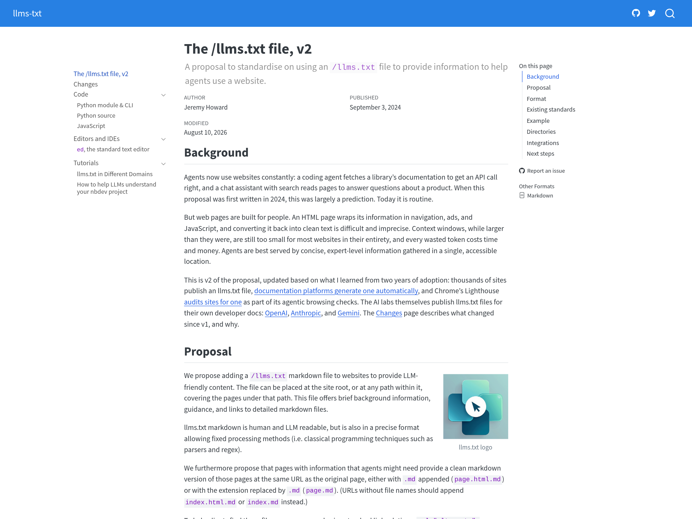 The llms.txt proposal page showing the file structure, the H1, the blockquote summary and the link lists — llmstxt.org/