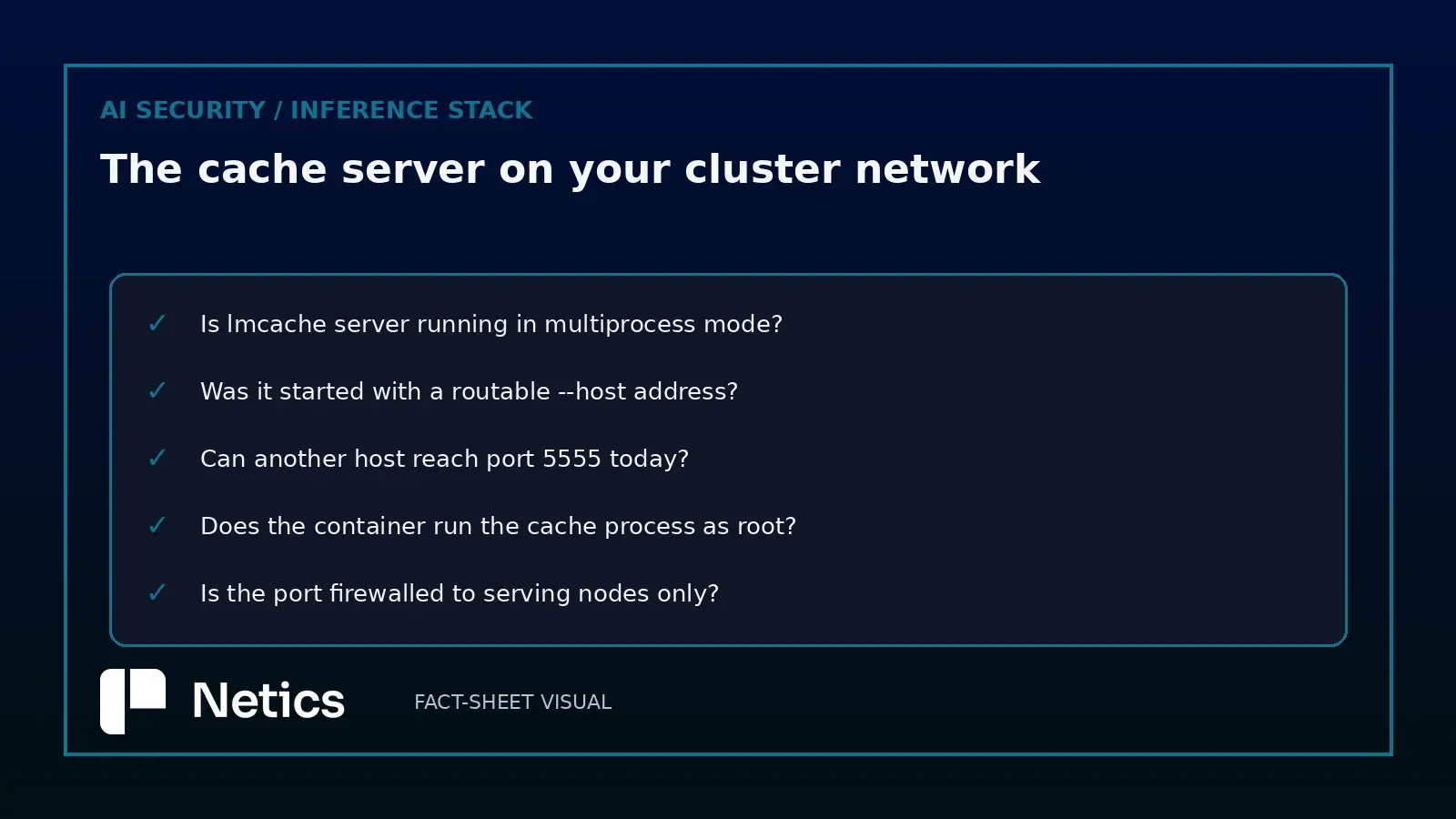 Netics editorial checklist card of five questions that decide whether an LMCache cache server is reachable from another host.