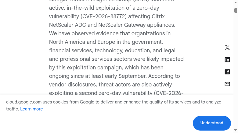 Official Mandiant and Google Threat Intelligence Group article capture: defending against active NetScaler exploitation