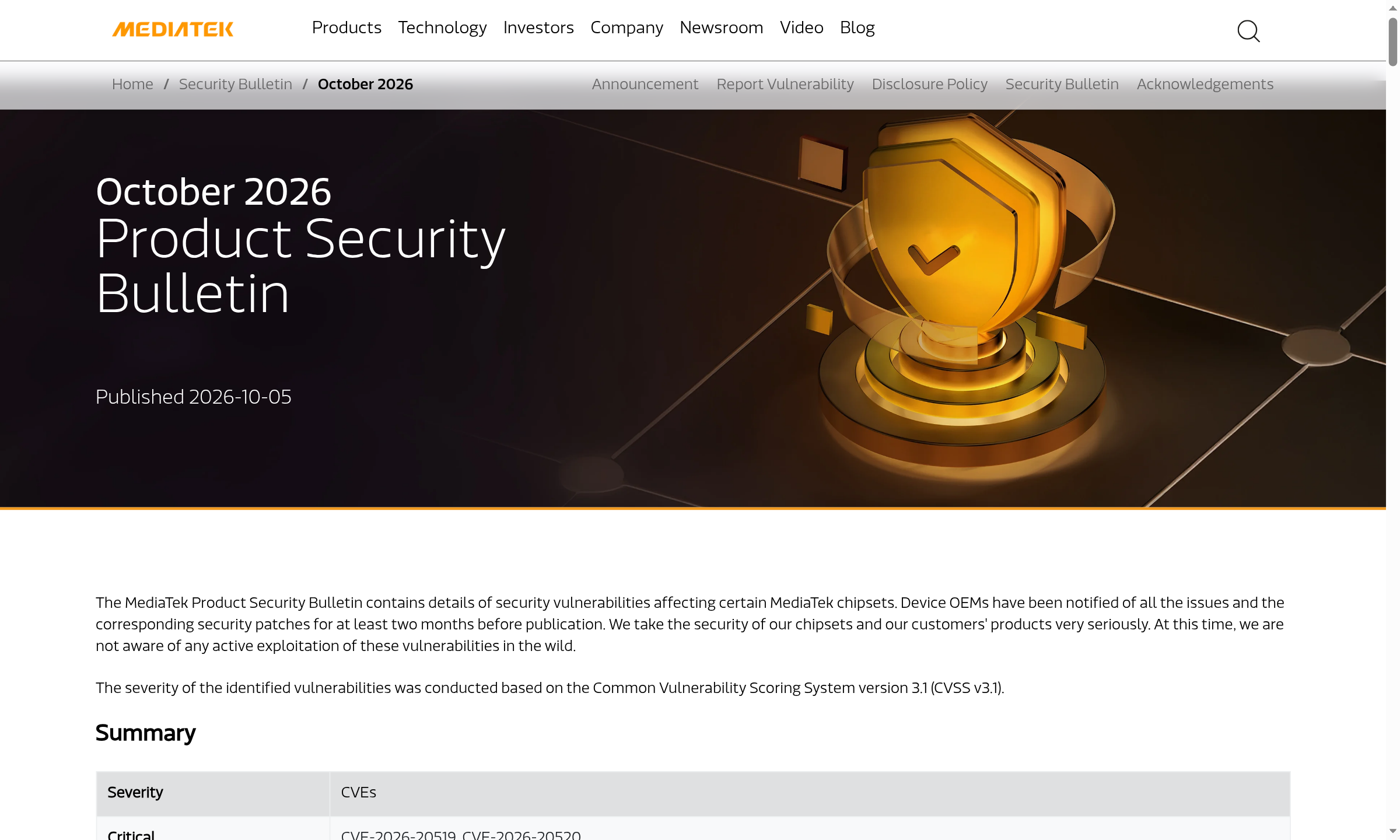 Top of the official October 2026 MediaTek Product Security Bulletin, showing the publication date of 5 October 2026, the statement that device OEMs were notified at least two months before publication, and the start of the severity summary table with the two critical CVEs.