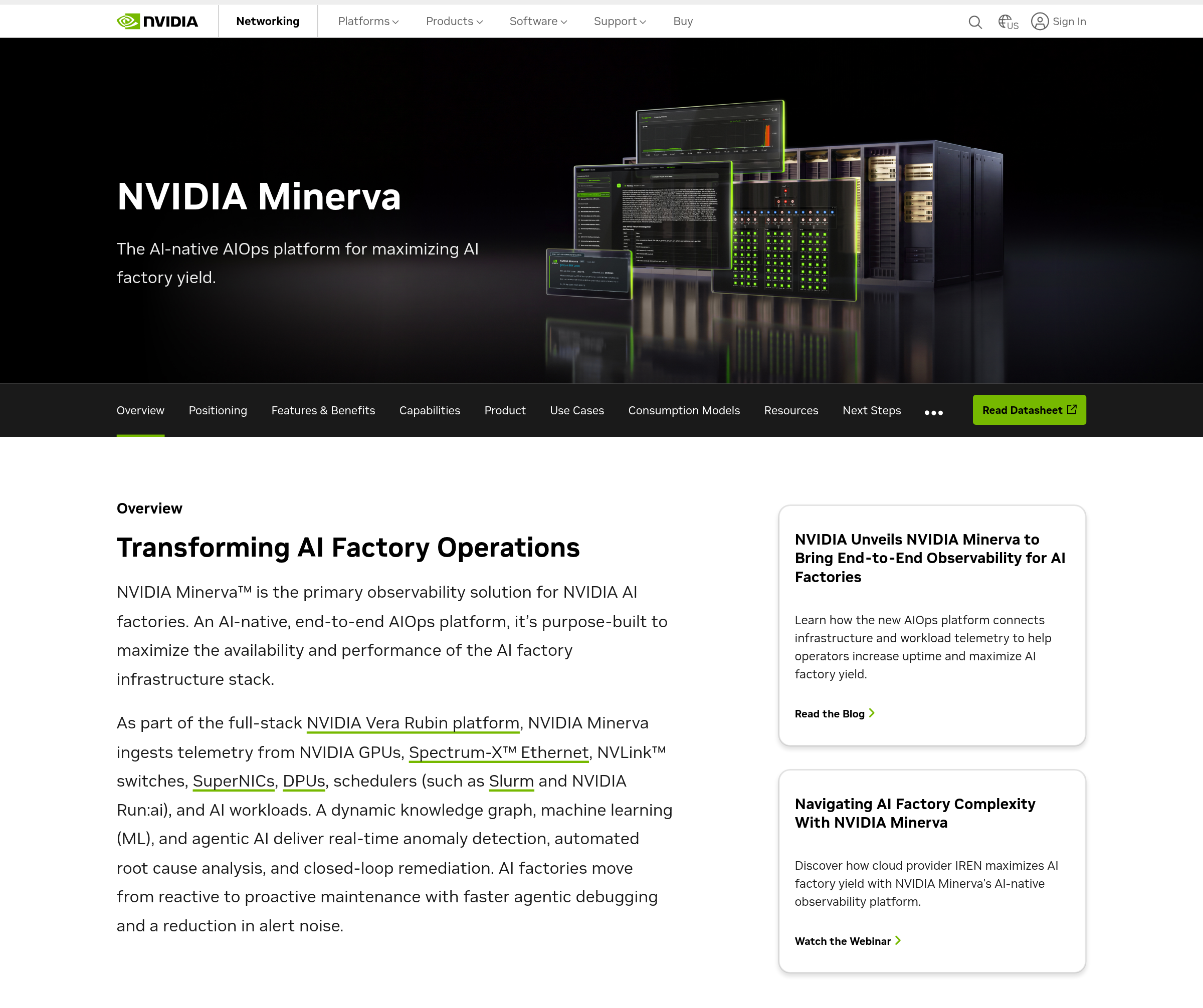 Screenshot of the NVIDIA Minerva product page describing the platform and its deployment options