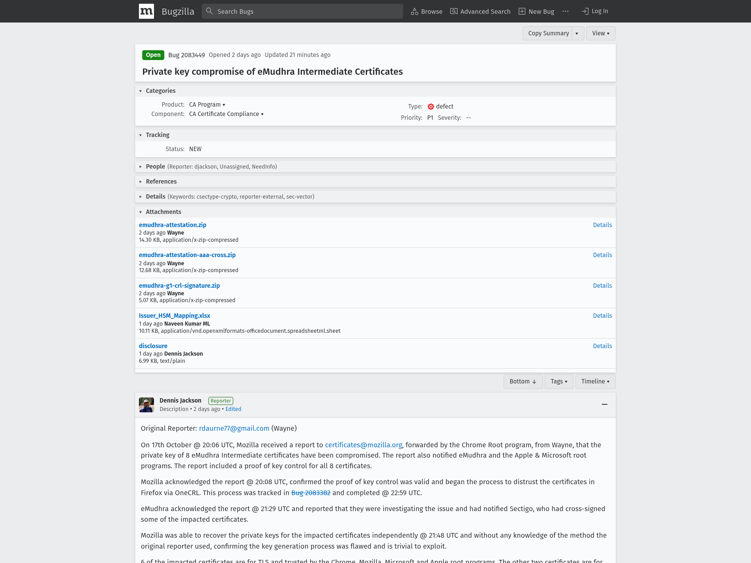 Capture of Mozilla's incident ticket on bugzilla.mozilla.org for the eMudhra intermediate certificates, showing the resolved status and the root-program discussion