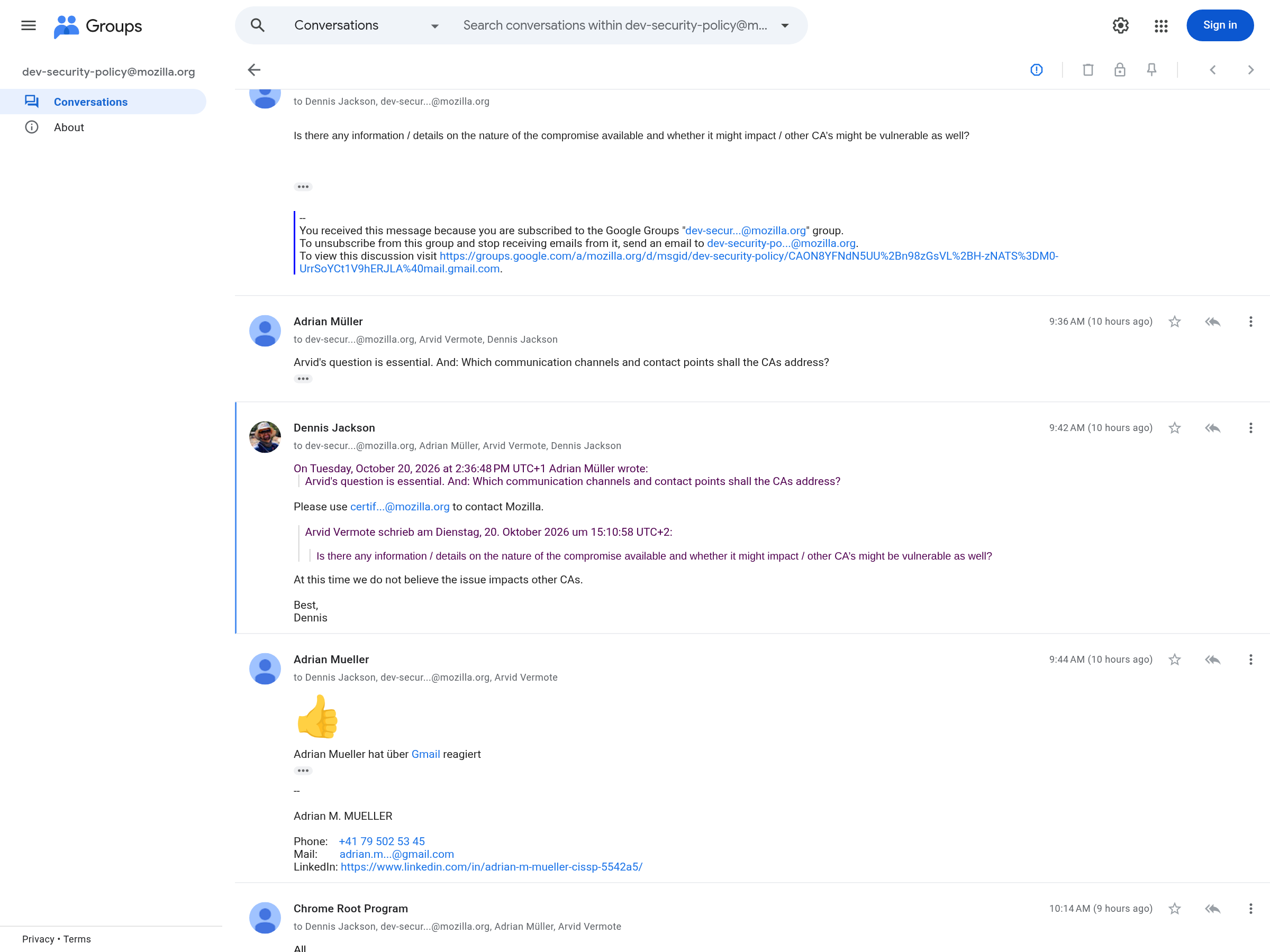 Capture of Mozilla's dev-security-policy announcement thread on groups.google.com listing the eight affected eMudhra intermediate certificates