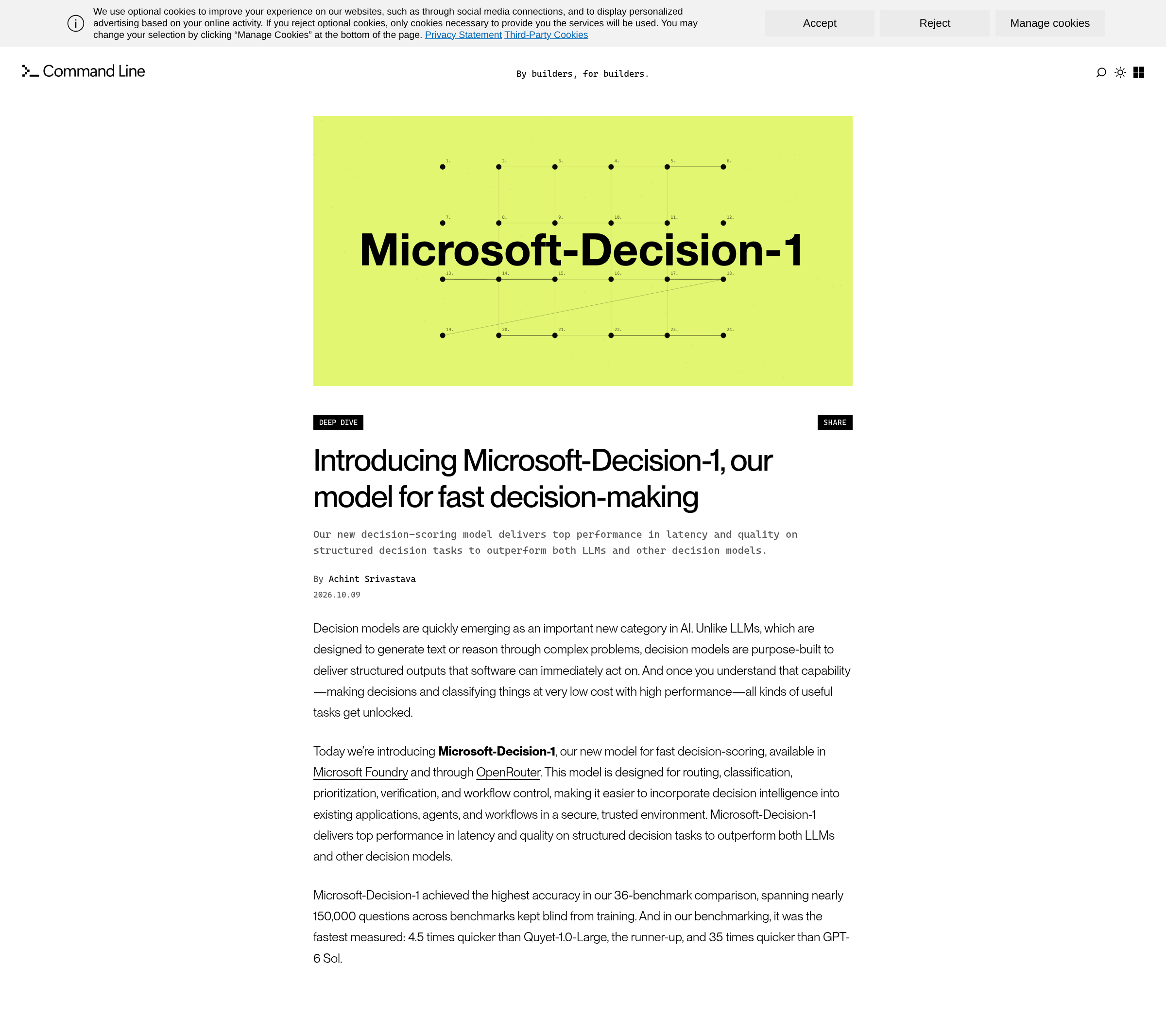 Capture of Microsoft's Command Line post introducing Microsoft-Decision-1, showing the headline and the opening paragraphs on commandline.microsoft.com.