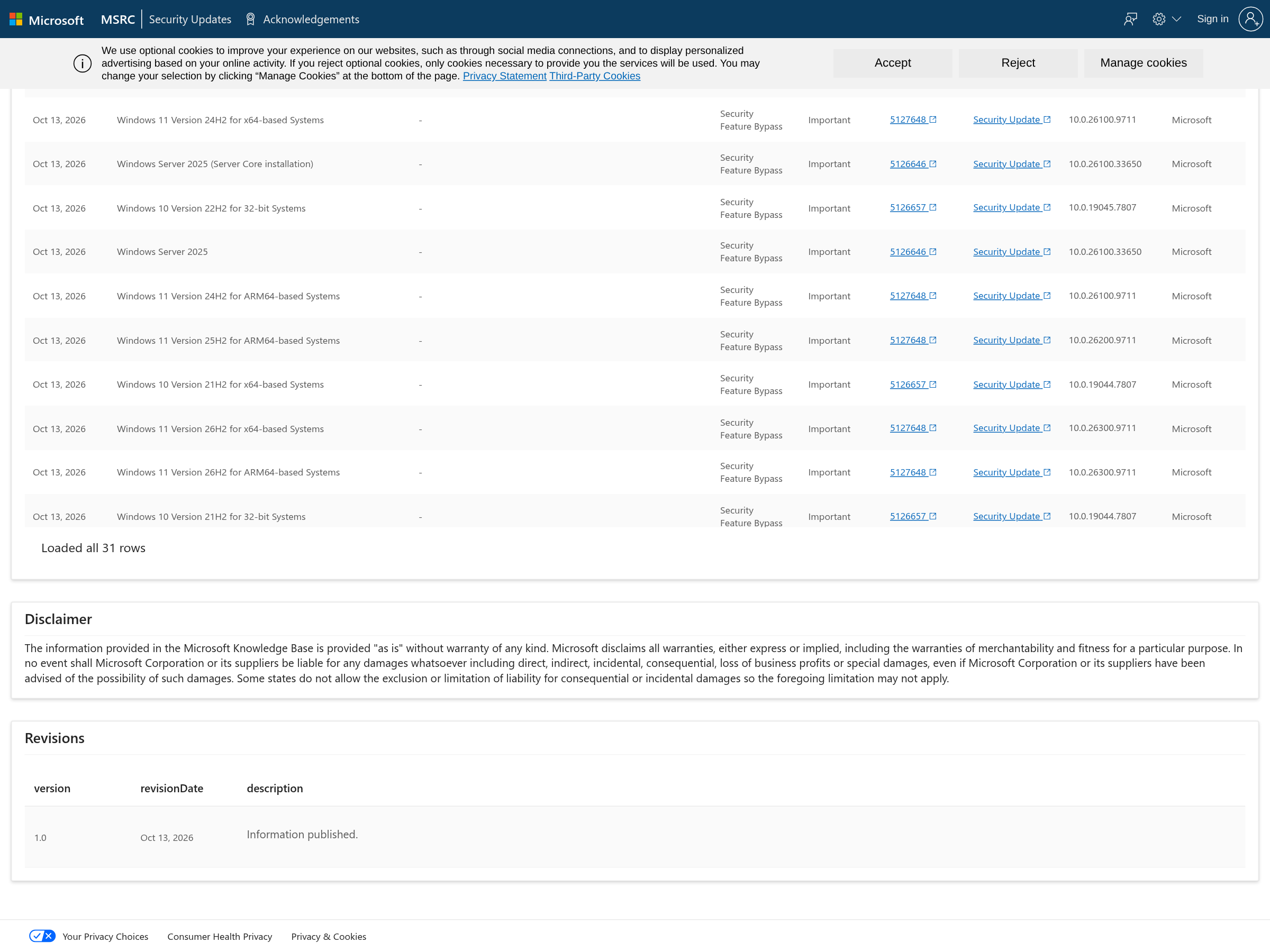 Capture of Microsoft's Security Update Guide listing affected products for CVE-2026-96951
