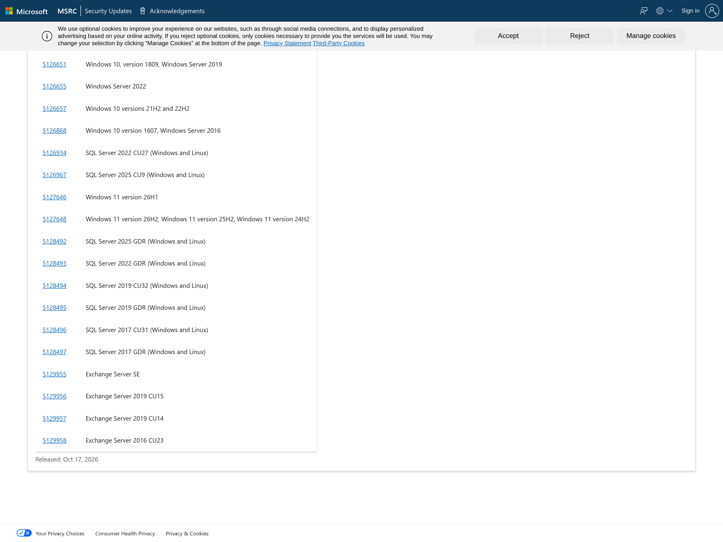 Capture of Microsoft's Security Update Guide release-note page for October 2026