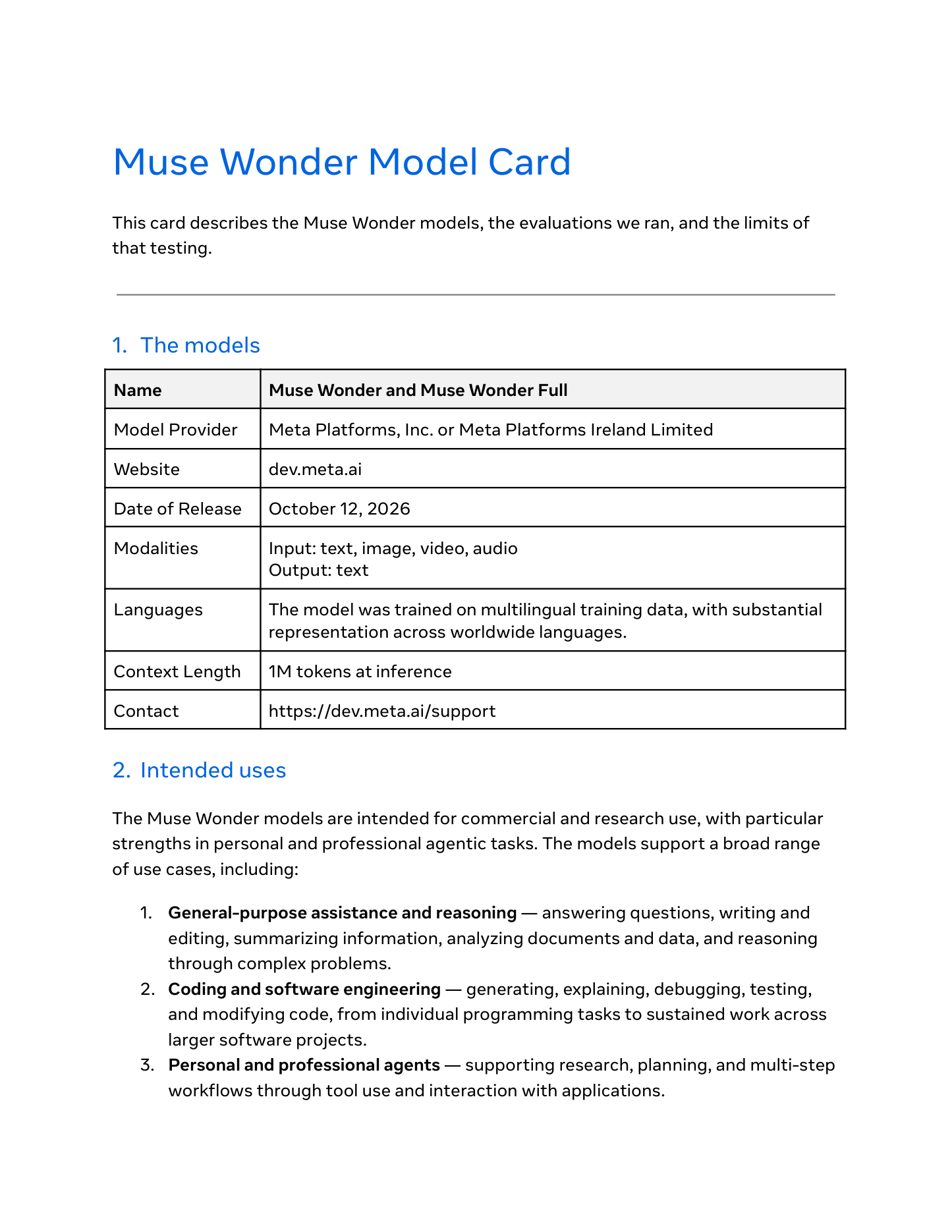 Page 1 of the official Muse Wonder model card, showing the models table: provider Meta Platforms, website dev.meta.ai, release date 12 October 2026, modalities of text, image, video and audio as input with text output, and a context length of 1M tokens at inference.