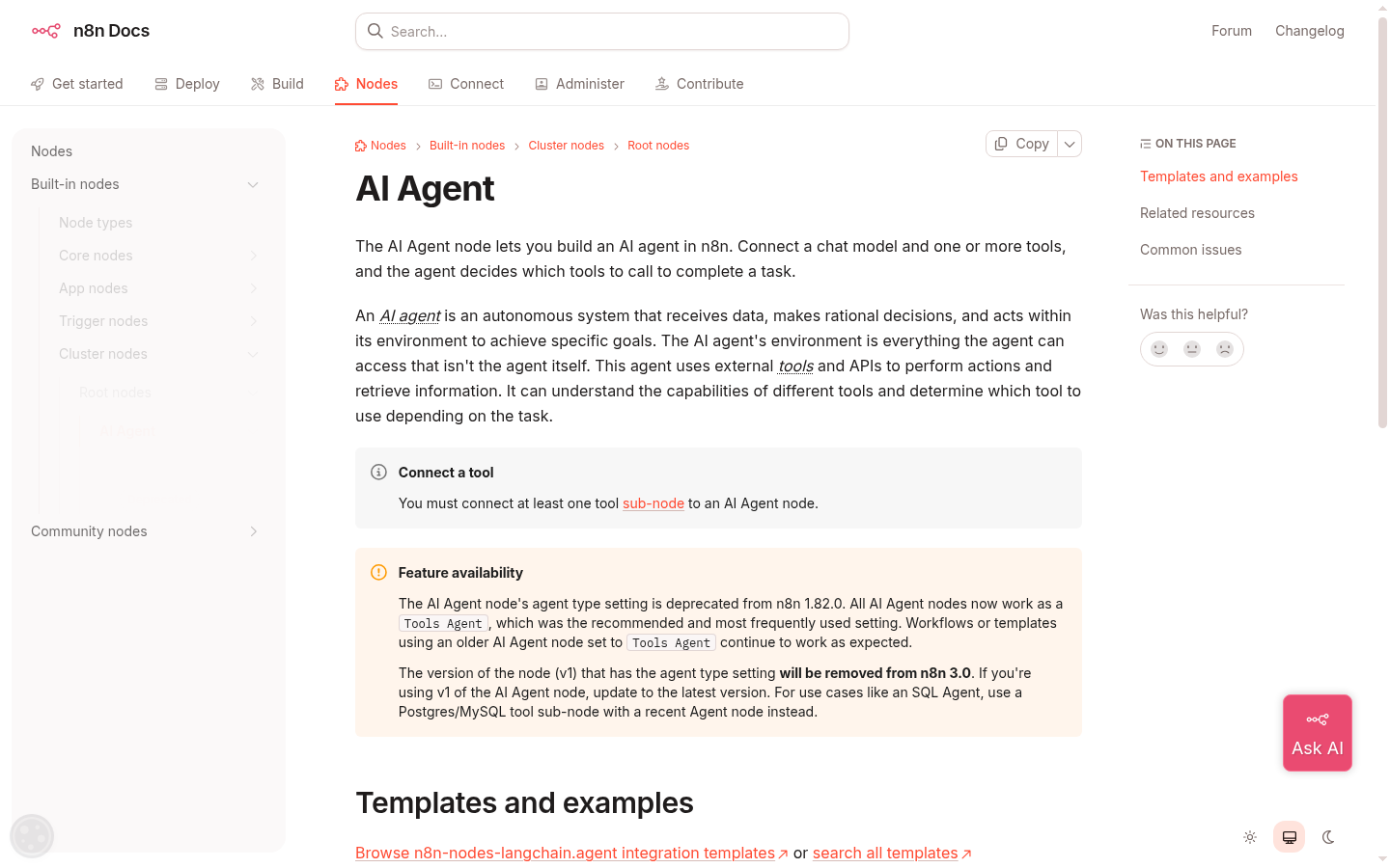 Capture of n8n's official documentation for the AI Agent node, showing the node description and its requirement for at least one connected tool.