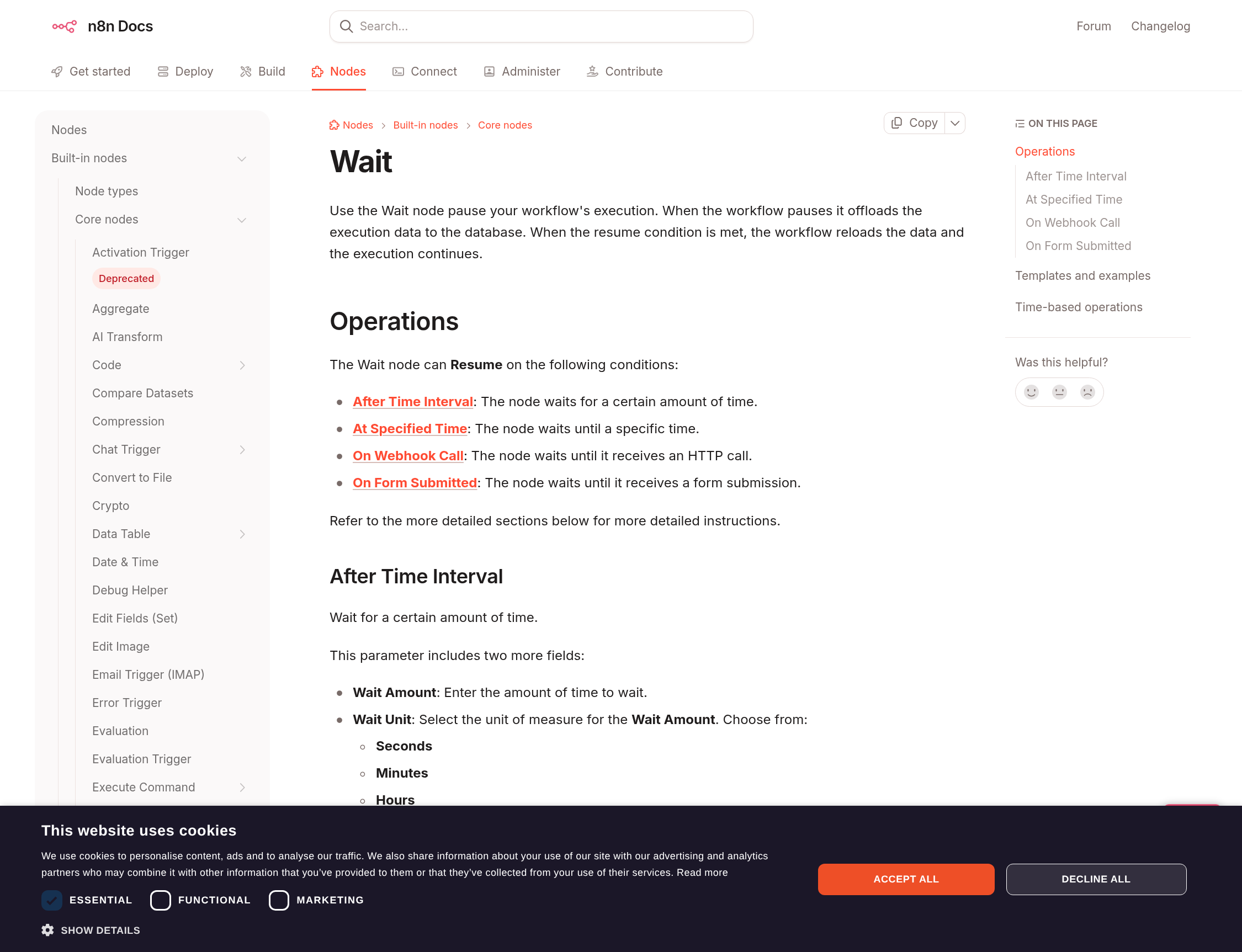 Official n8n documentation screenshot of the Wait node page, listing the resume conditions and the wait parameters.