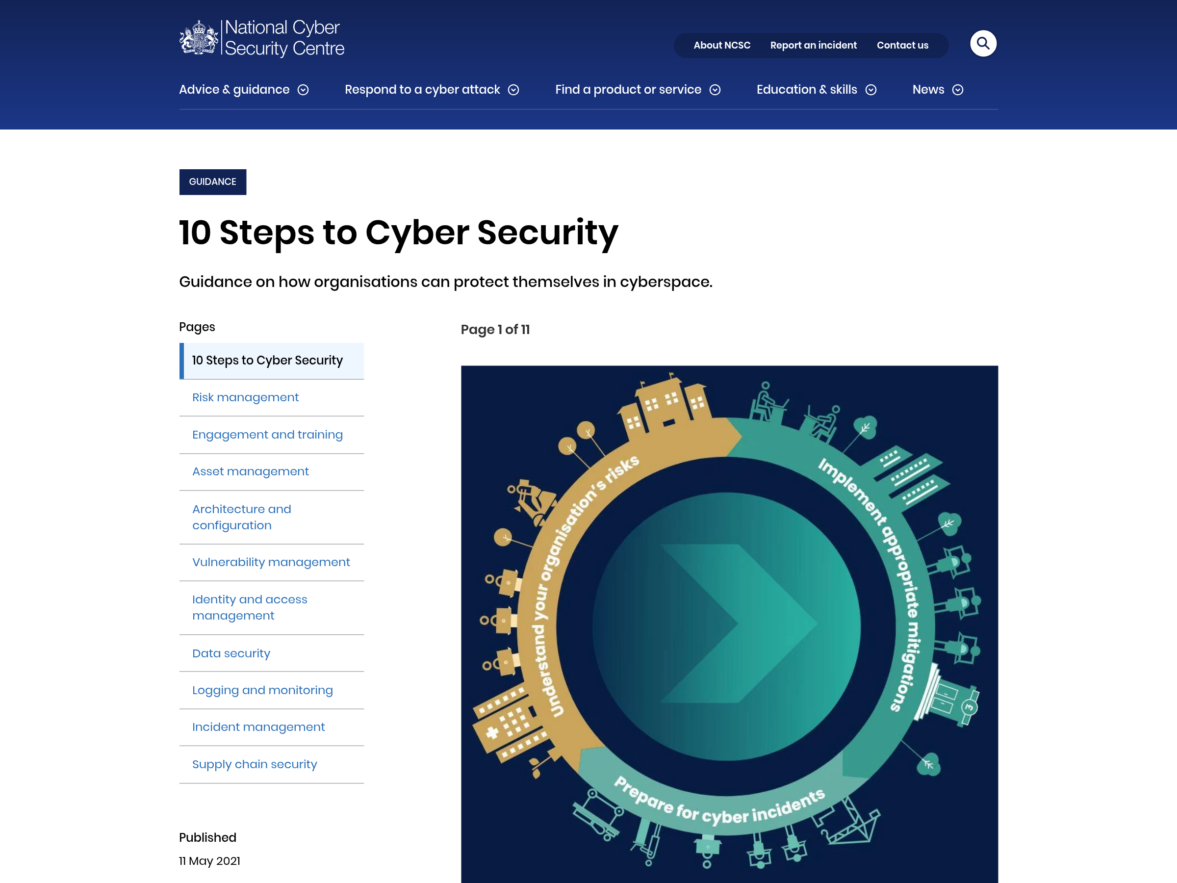 Capture of the NCSC 10 Steps to Cyber Security collection page (ncsc.gov.uk, retrieved 2026-10-21) showing the ten components