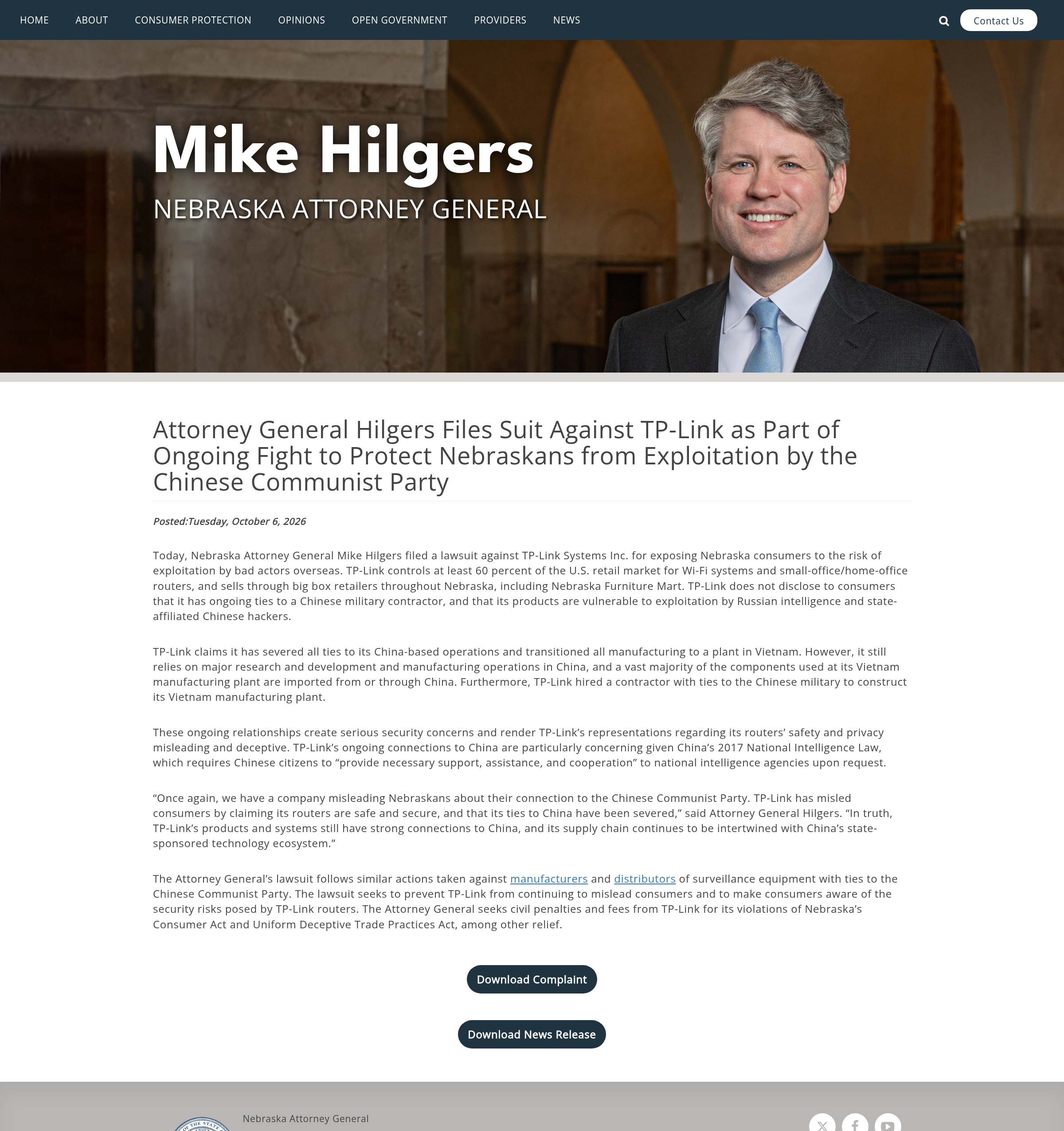 Capture of the Nebraska Attorney General's lawsuit announcement against TP-Link Systems, showing the market share figure, the supply chain allegations and the relief sought.