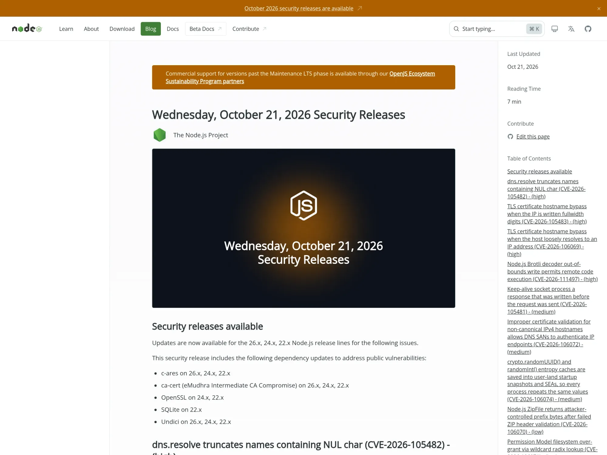 Node.js advisory page for the 21 October 2026 releases. nodejs.org/en/blog/vulnerability/october-2026