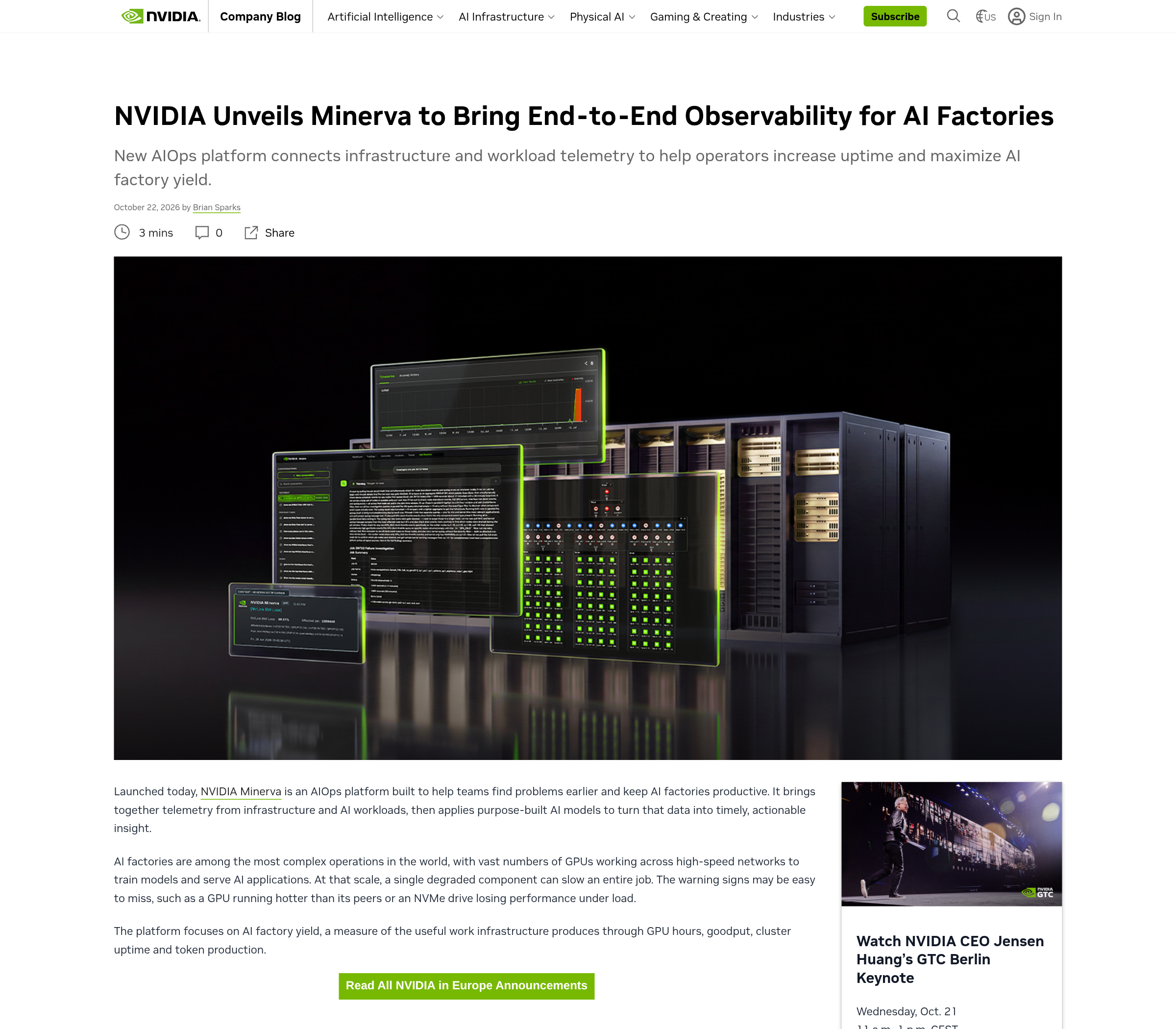 Screenshot of the NVIDIA Minerva announcement post