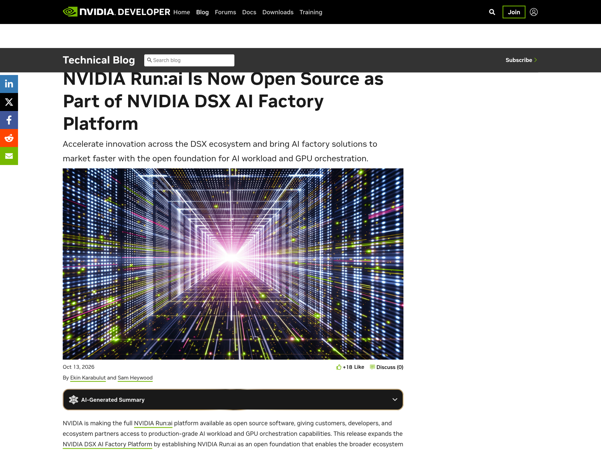 Capture of NVIDIA's developer-blog announcement of 13 October 2026 introducing the open-source Run:ai release