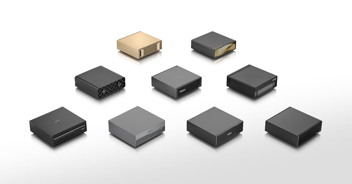 Official NVIDIA product image of the DGX Spark family, showing several units of the desktop system side by side.