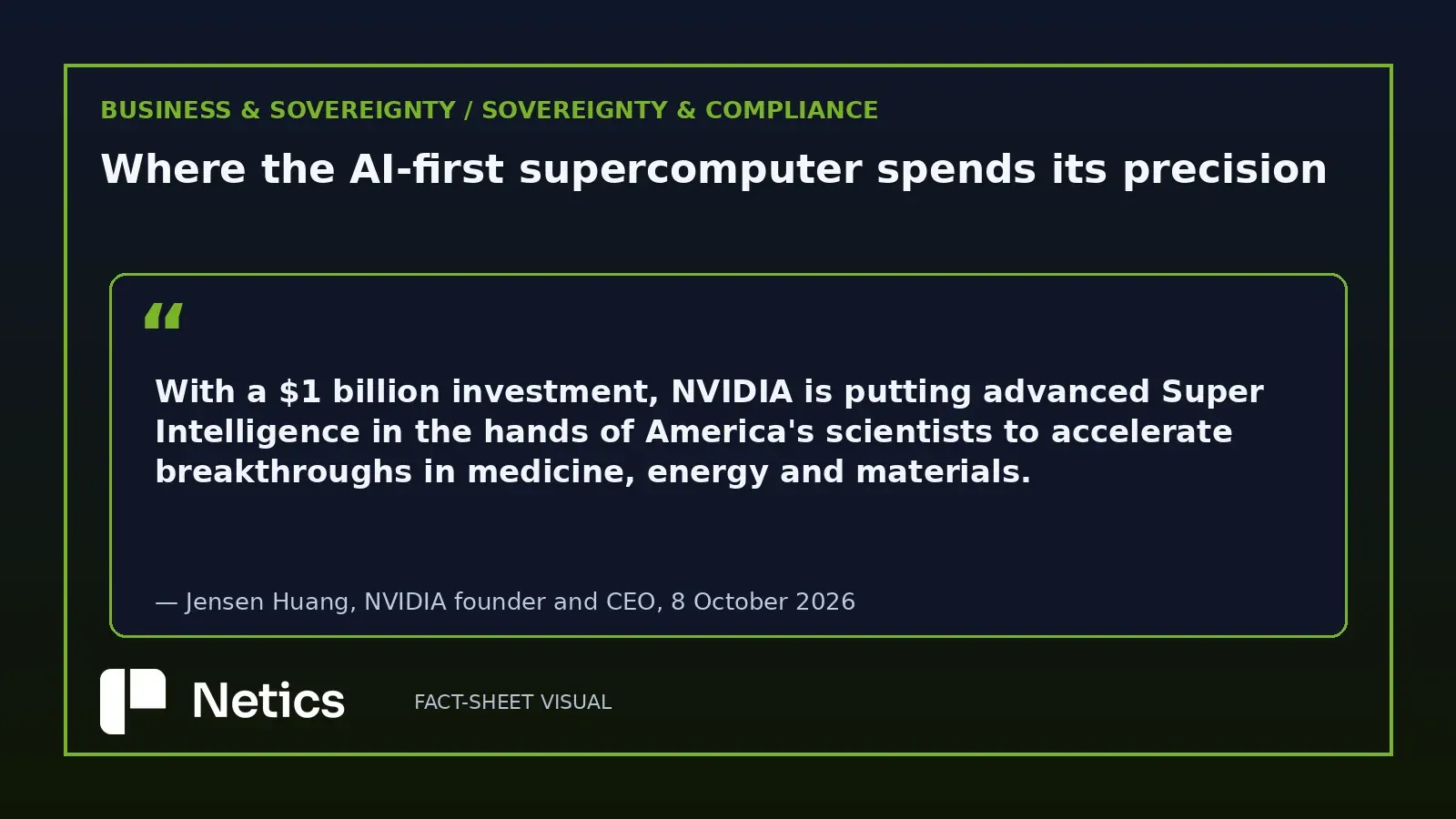 Netics editorial quotation card carrying NVIDIA's own statement of the commitment, with the speaker and date.