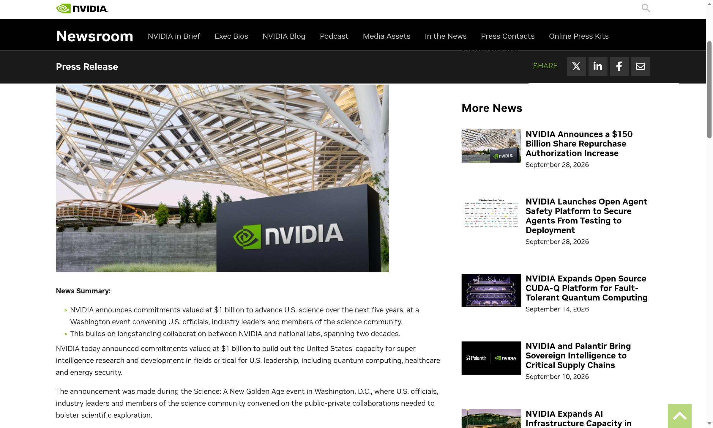 Capture of NVIDIA's Newsroom press-release page for the $1 billion commitment to United States science.